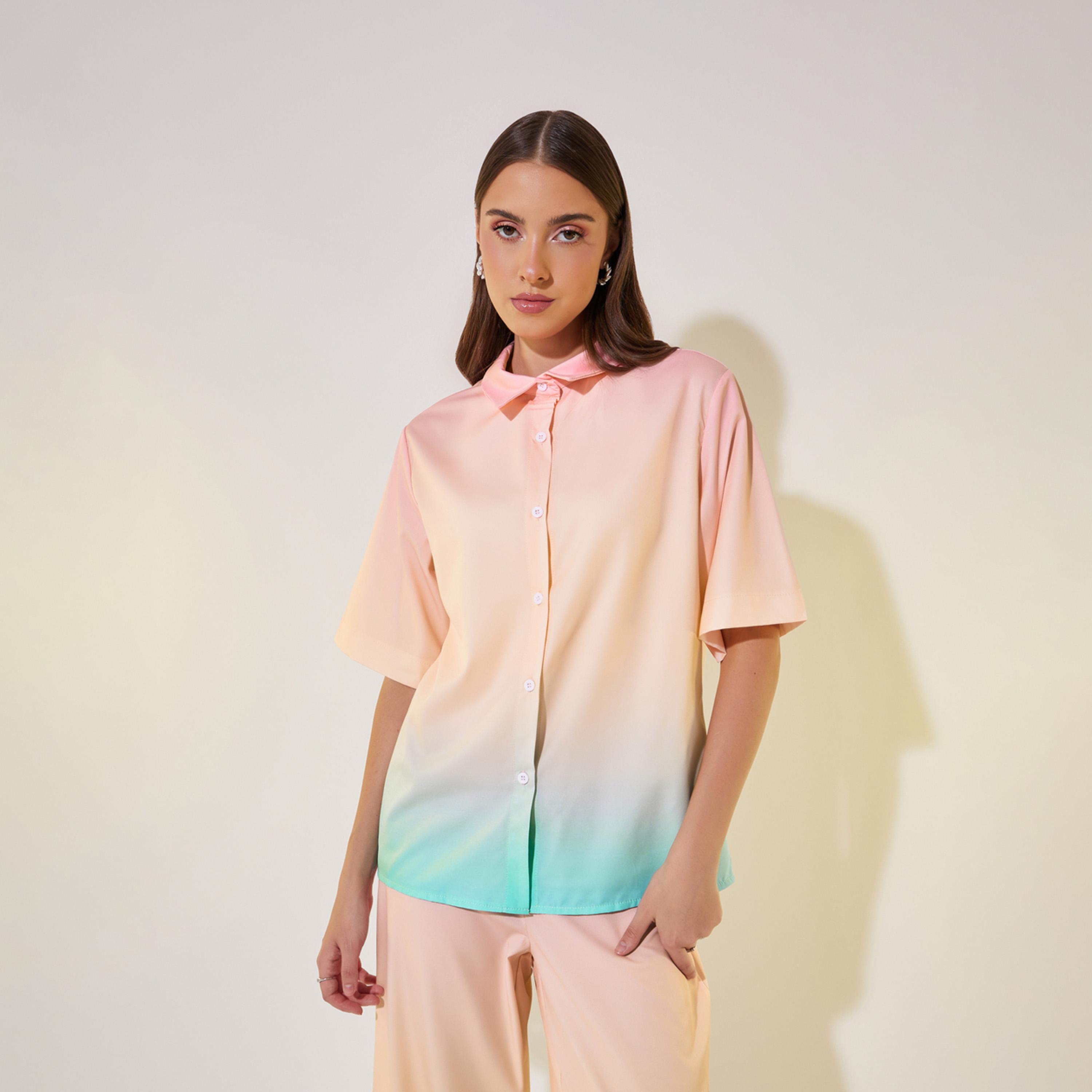Take Two Ombre Print Short Sleeve Shirt and Wide Leg Pants Co-Ords-women-clothing-coordsets-image-3