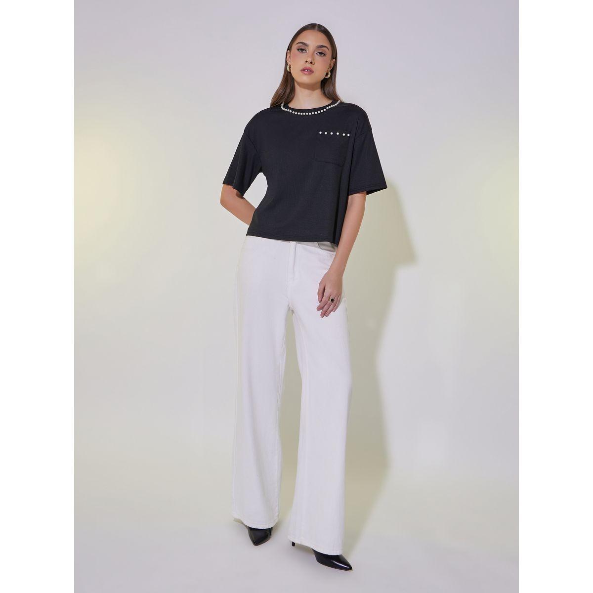 تيشيرت مضلع بقصة بوكسي ومنمق بلؤلؤ صناعي-women-clothing-tshirts-image-2