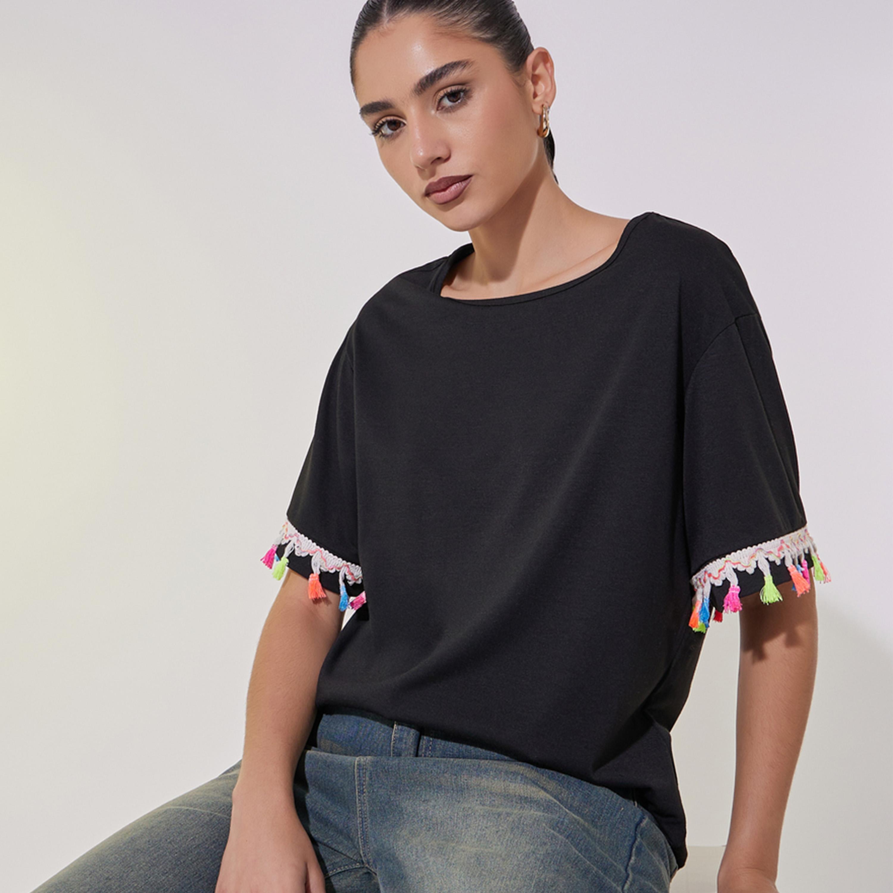 Take Two Tasselled Lace Detail Relaxed Fit T-Shirt-women-clothing-tshirts-image-1