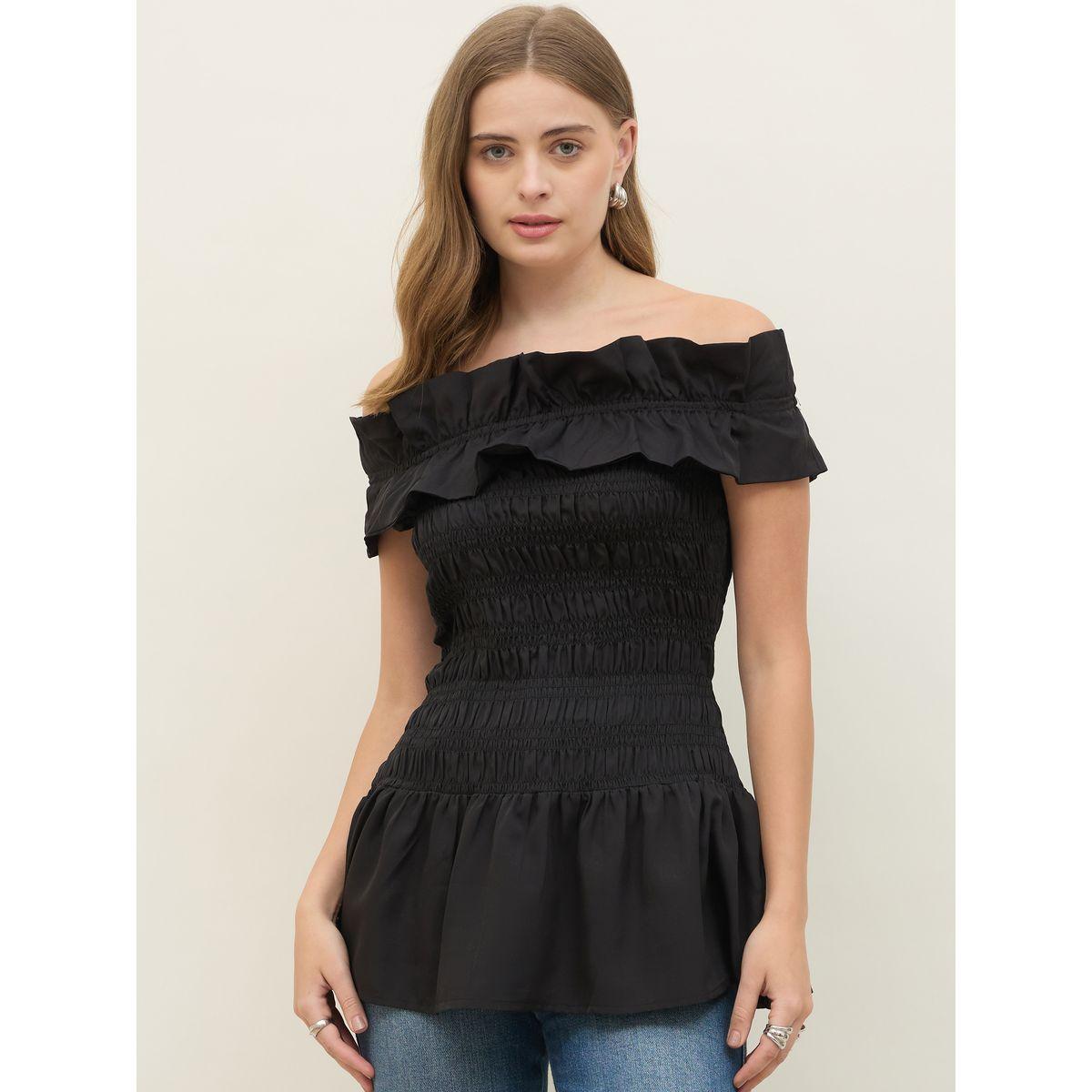 Styli Off Shoulder Smocked Detail Longline Top-women-clothing-shirtsandblouses-blouses-image-2