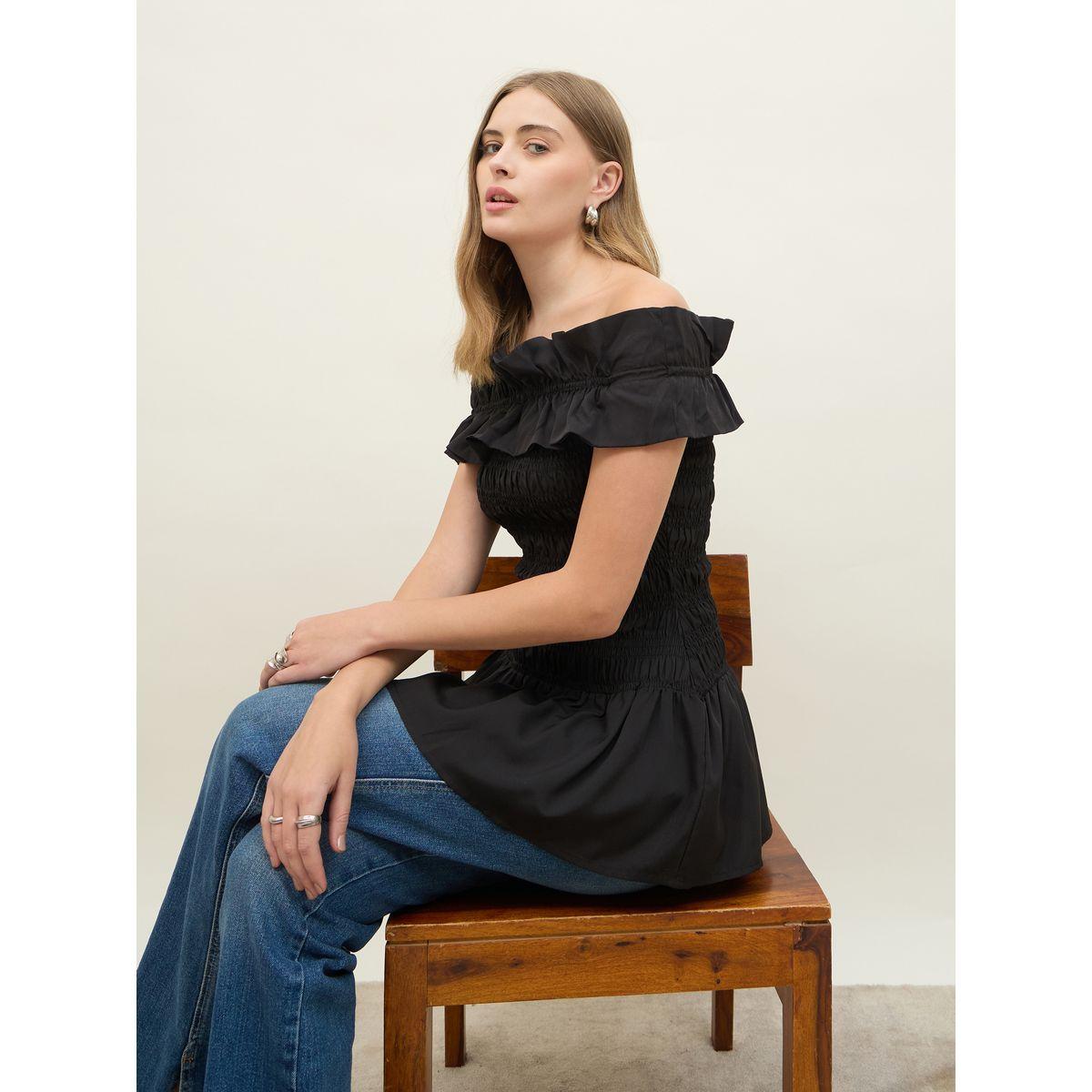 Styli Off Shoulder Smocked Detail Longline Top-women-clothing-shirtsandblouses-blouses-image-6