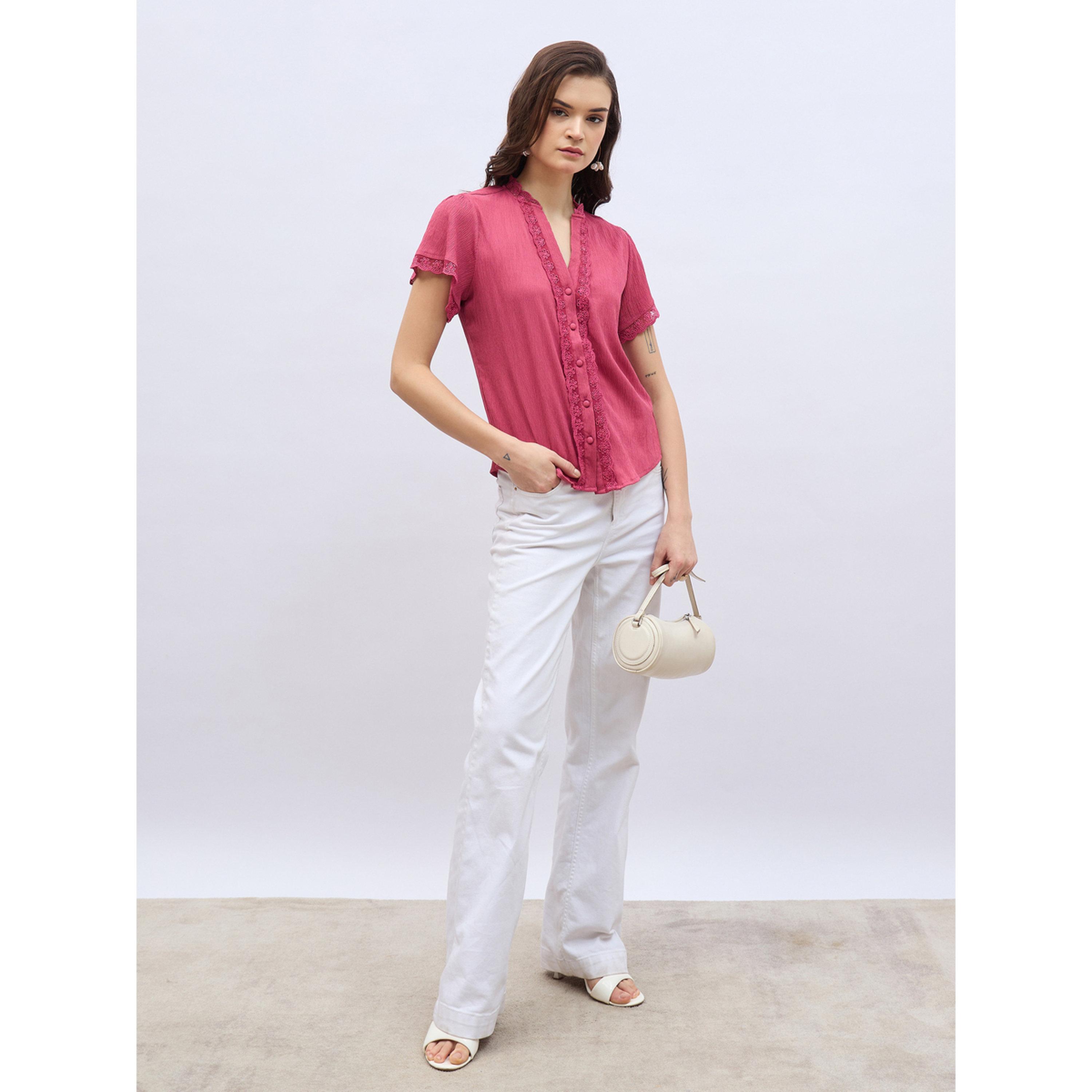 Styli Women Pink Lace Trim Short Sleeve Top-women-clothing-shirtsandblouses-blouses-image-2
