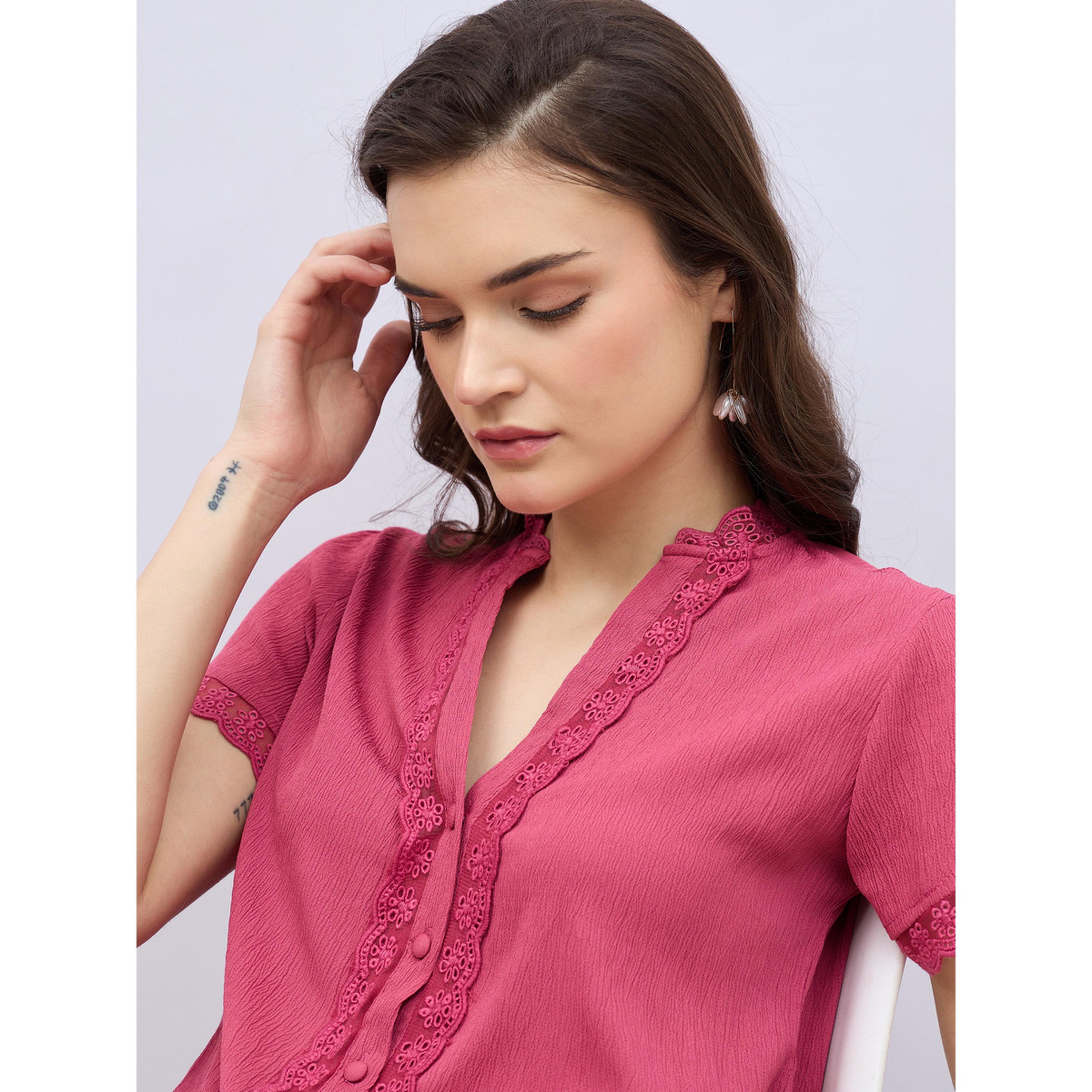 Styli Women Pink Lace Trim Short Sleeve Top-women-clothing-shirtsandblouses-blouses-image-4