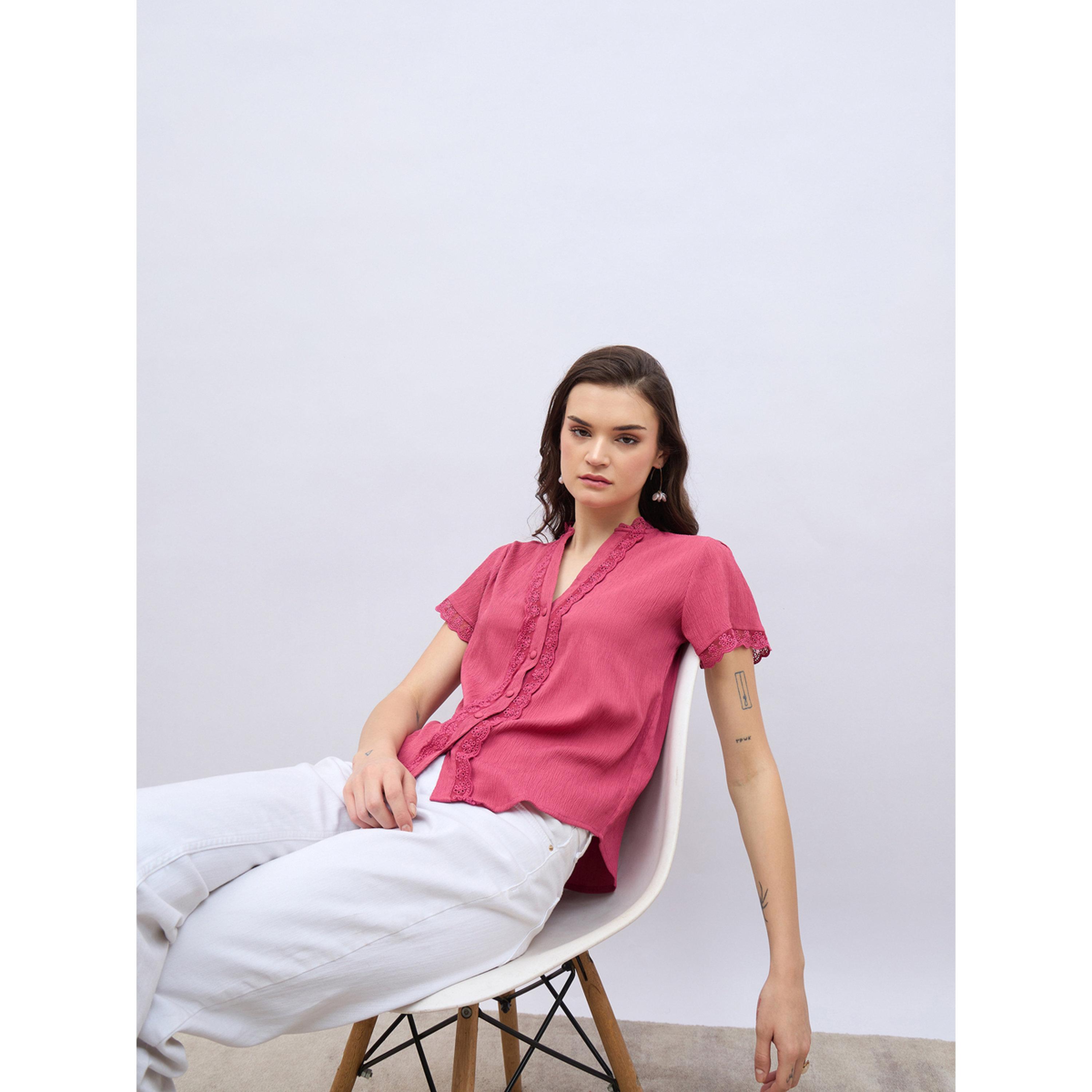 Styli Women Pink Lace Trim Short Sleeve Top-women-clothing-shirtsandblouses-blouses-image-5