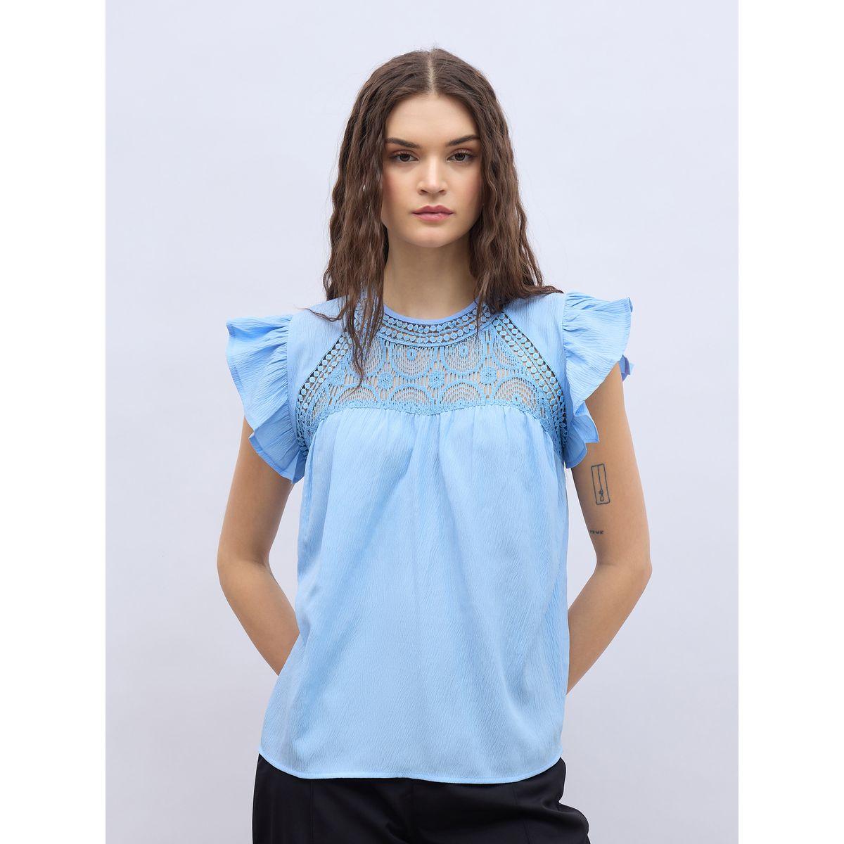 بلوزة بقصة عادية وأكمام بكشكش مع دانتيل-women-clothing-shirtsandblouses-blouses-image-2