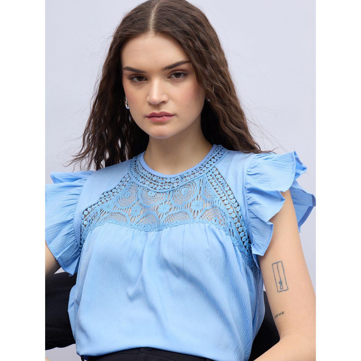 بلوزة بقصة عادية وأكمام بكشكش مع دانتيل-women-clothing-shirtsandblouses-blouses-image-4