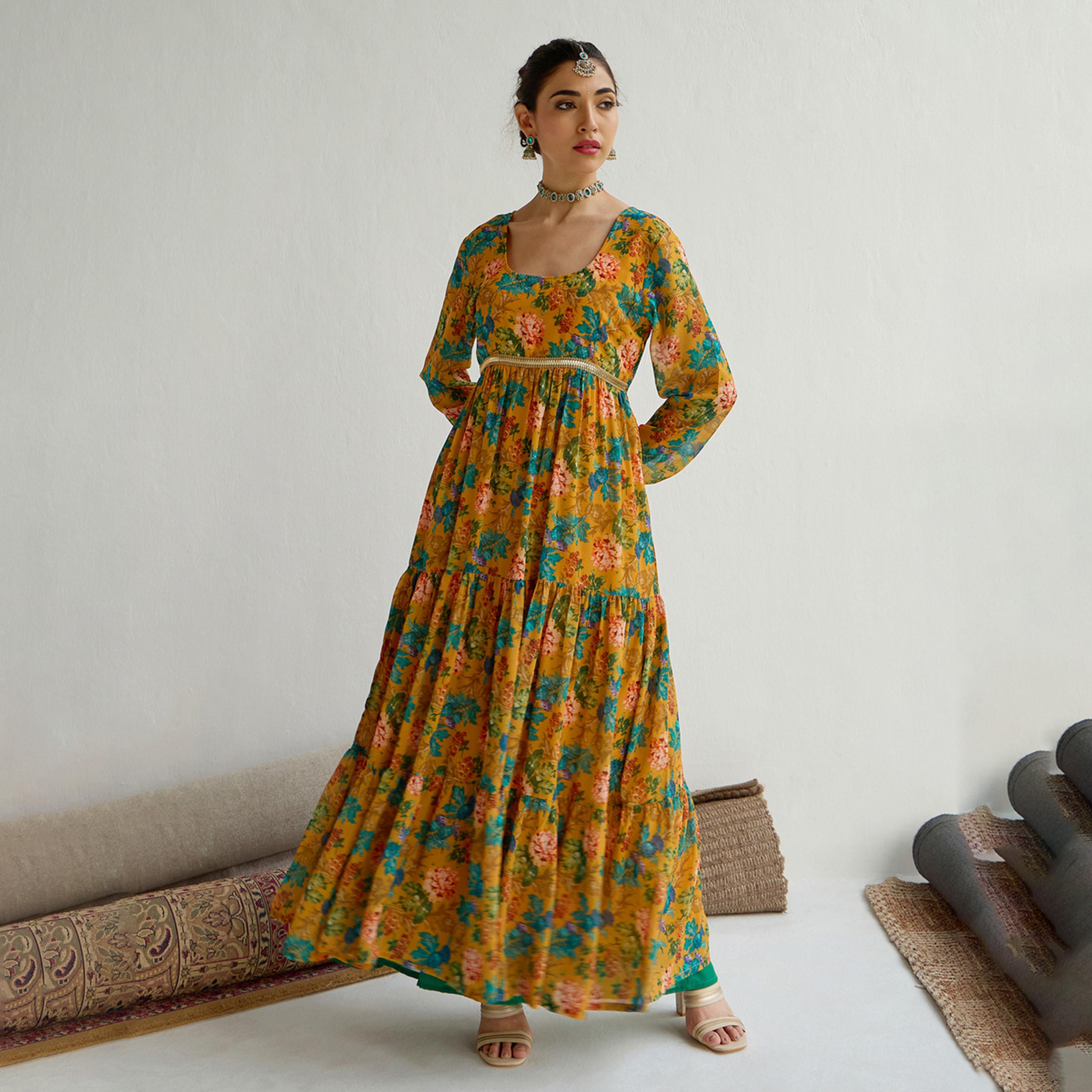 شيا باي ساسافراس × ستايلي - قميص كورتا متعدد الطبقات بطبعة زهور ورقبة مستديرة - أصفر-women-clothing-ethnicwear-kurtas-image-1