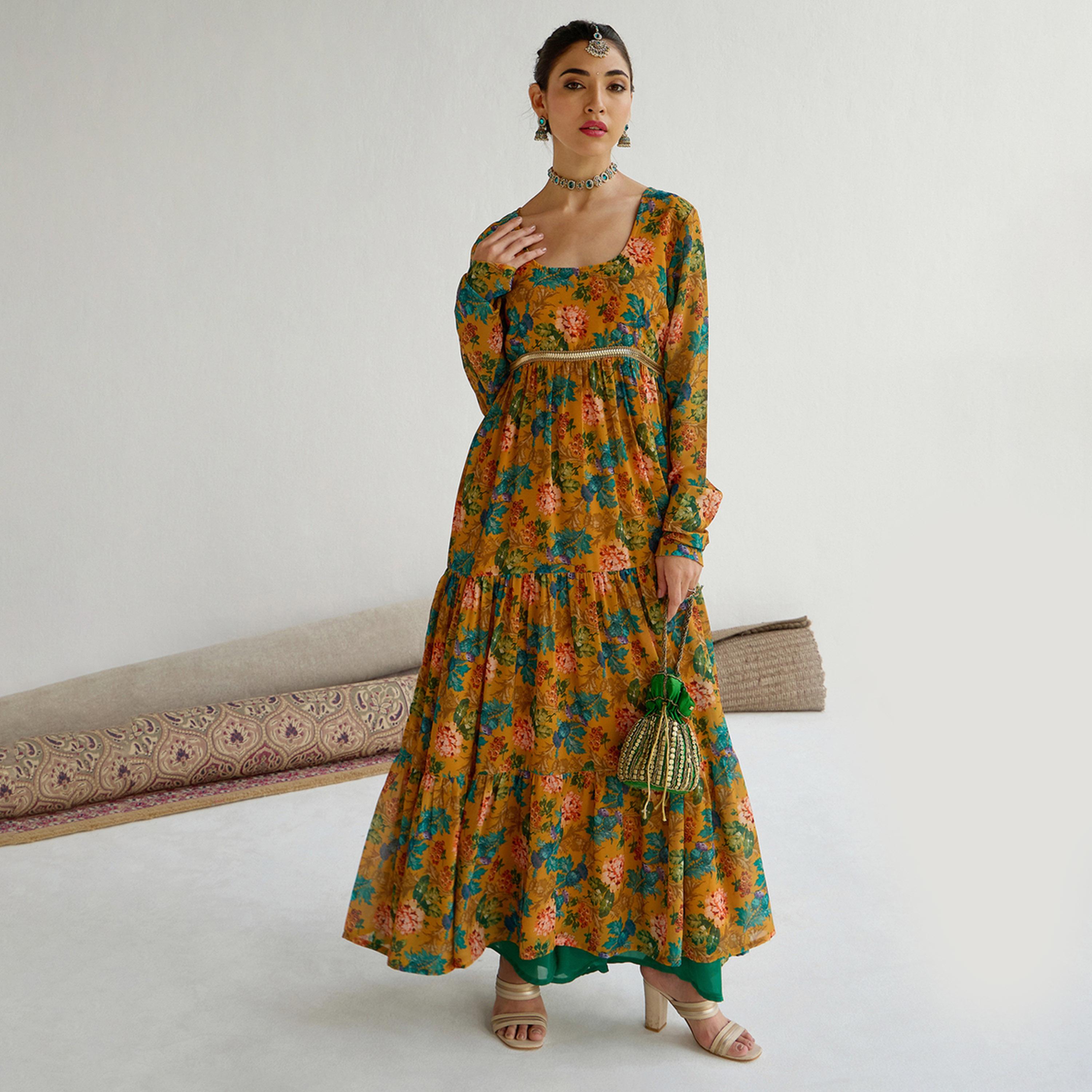 Shae by SASSAFRAS X Styli Yellow Floral Round Neck Tiered Kurta-women-clothing-ethnicwear-kurtas-image-2