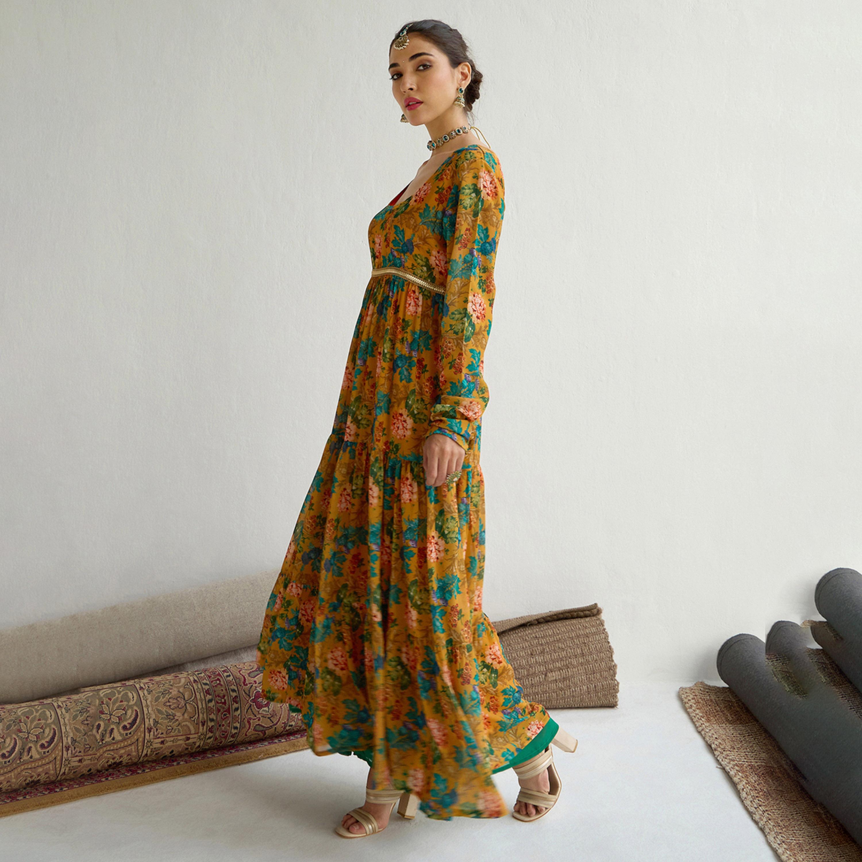 Shae by SASSAFRAS X Styli Yellow Floral Round Neck Tiered Kurta-women-clothing-ethnicwear-kurtas-image-3