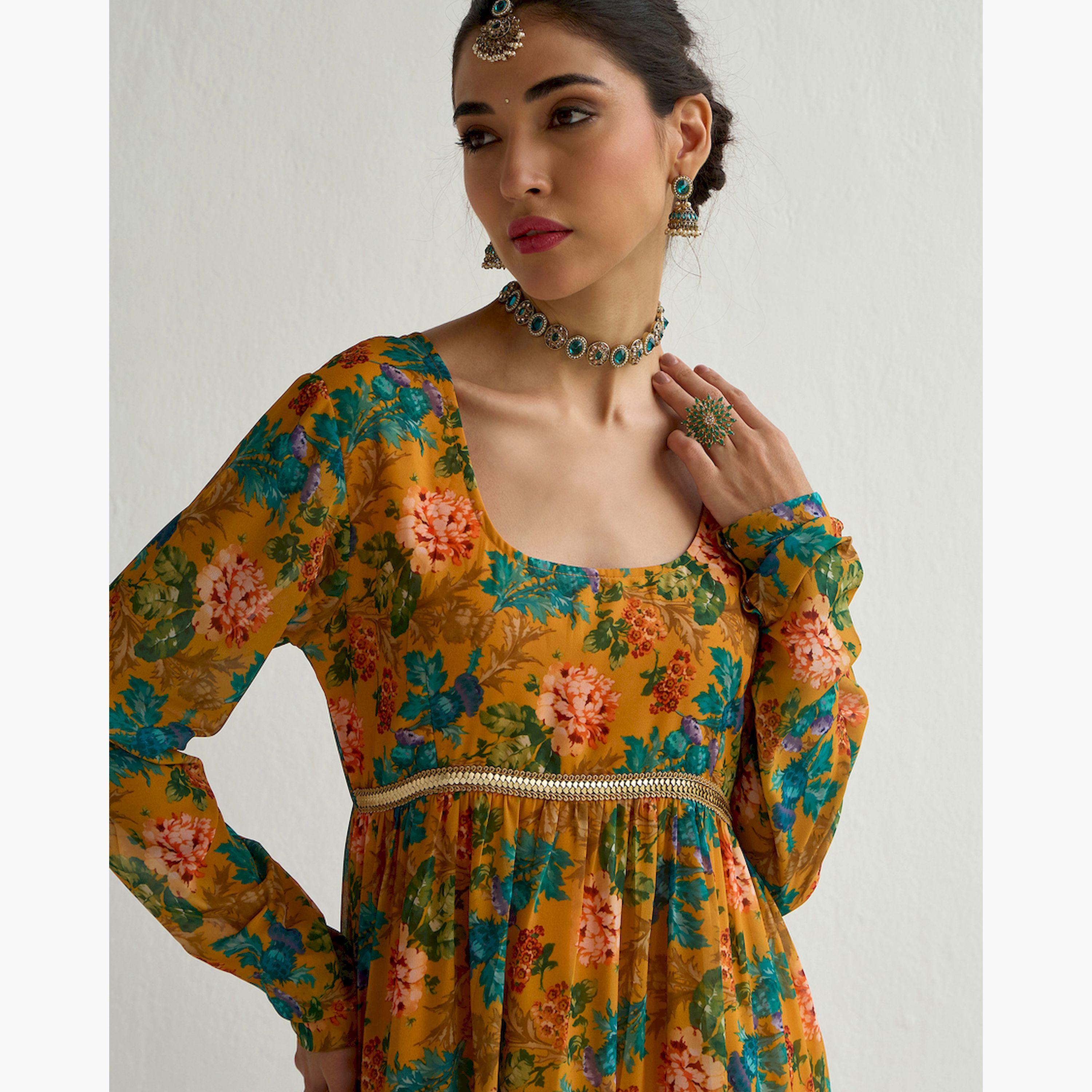 Shae by SASSAFRAS X Styli Yellow Floral Round Neck Tiered Kurta-women-clothing-ethnicwear-kurtas-image-4