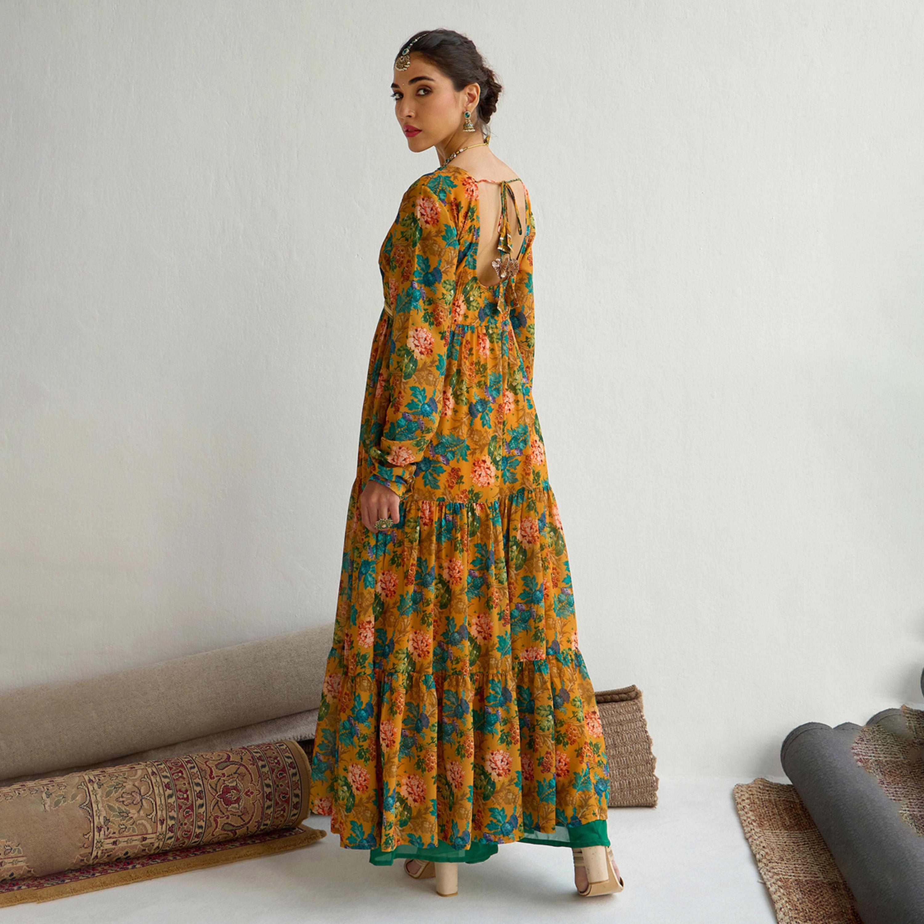 Shae by SASSAFRAS X Styli Yellow Floral Round Neck Tiered Kurta-women-clothing-ethnicwear-kurtas-image-5