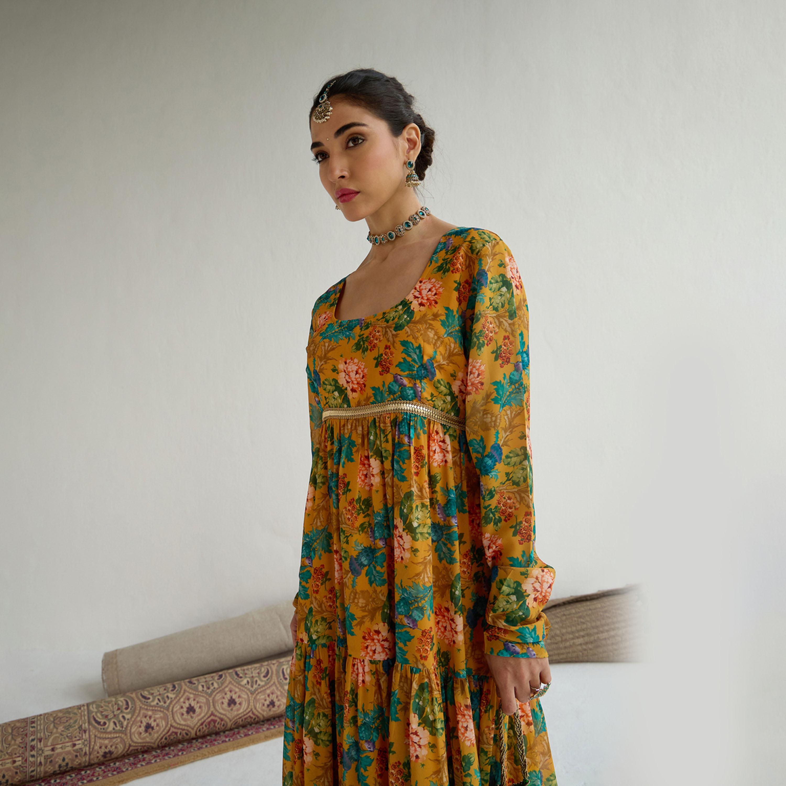 Shae by SASSAFRAS X Styli Yellow Floral Round Neck Tiered Kurta-women-clothing-ethnicwear-kurtas-image-6