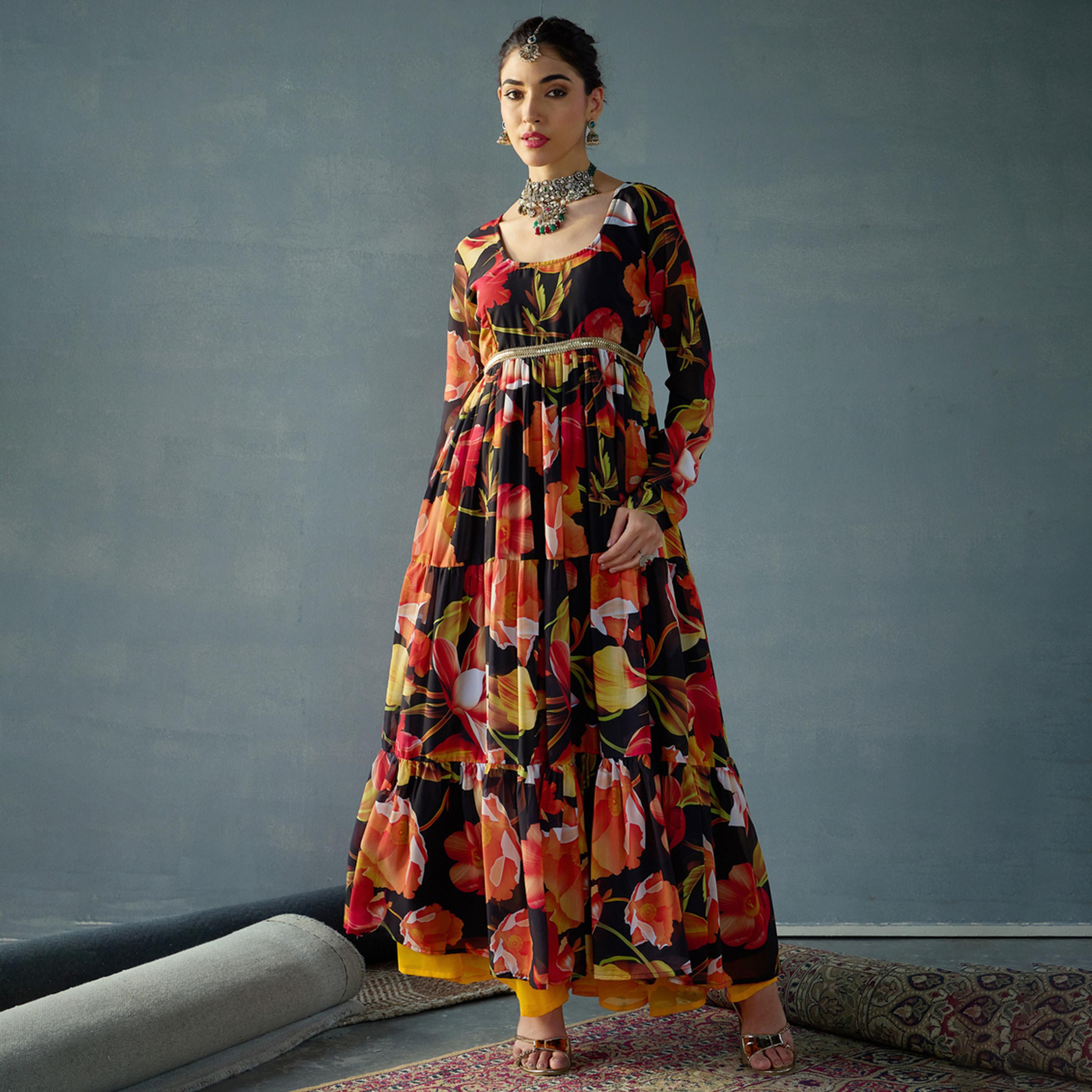 Shae by SASSAFRAS X Styli Floral Print Round Neck Tiered Kurta-women-clothing-ethnicwear-kurtas-image-1