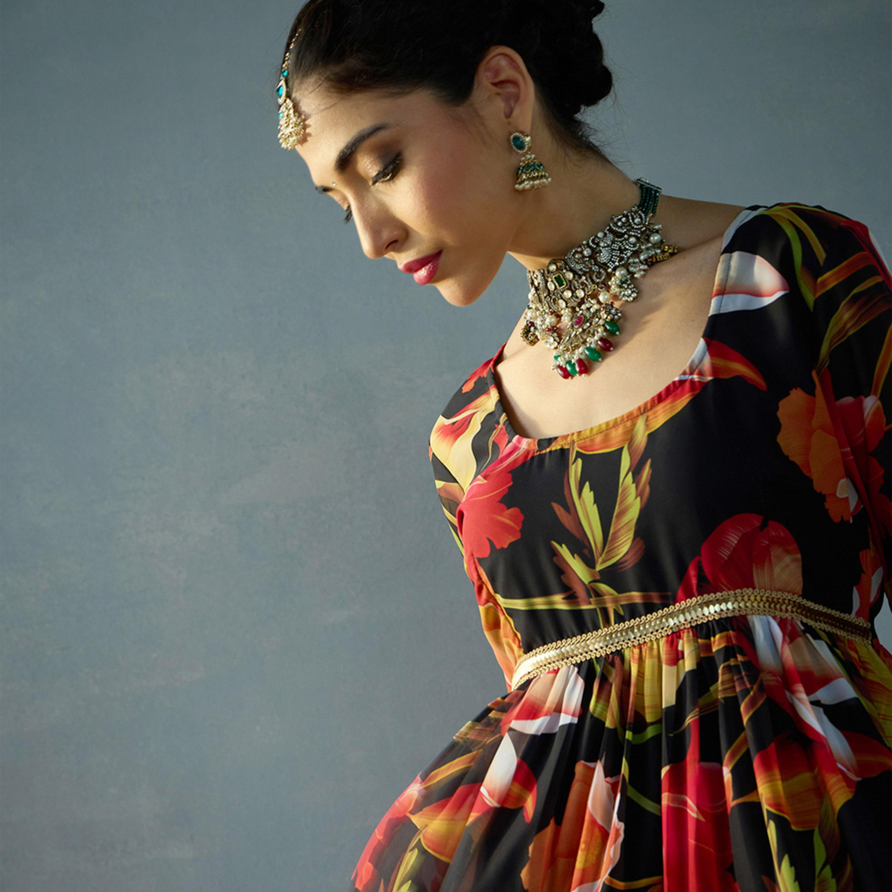 Shae by SASSAFRAS X Styli Floral Print Round Neck Tiered Kurta-women-clothing-ethnicwear-kurtas-image-2
