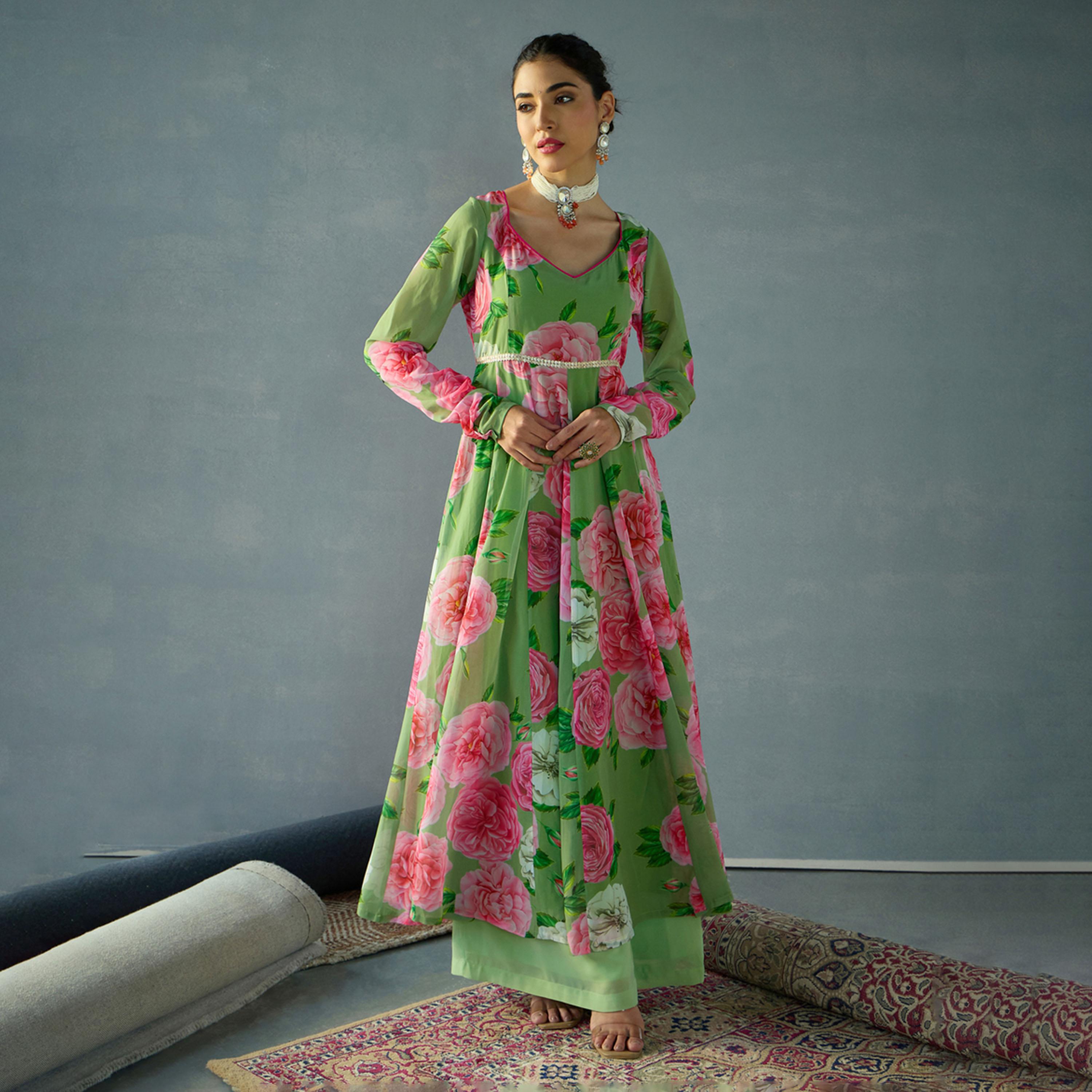 شيا باي ساسافراس × ستايلي - قميص أناركالي بطبعة زهور وفتحة رقبة على شكل قلب - أخضر-women-clothing-ethnicwear-kurtas-image-6