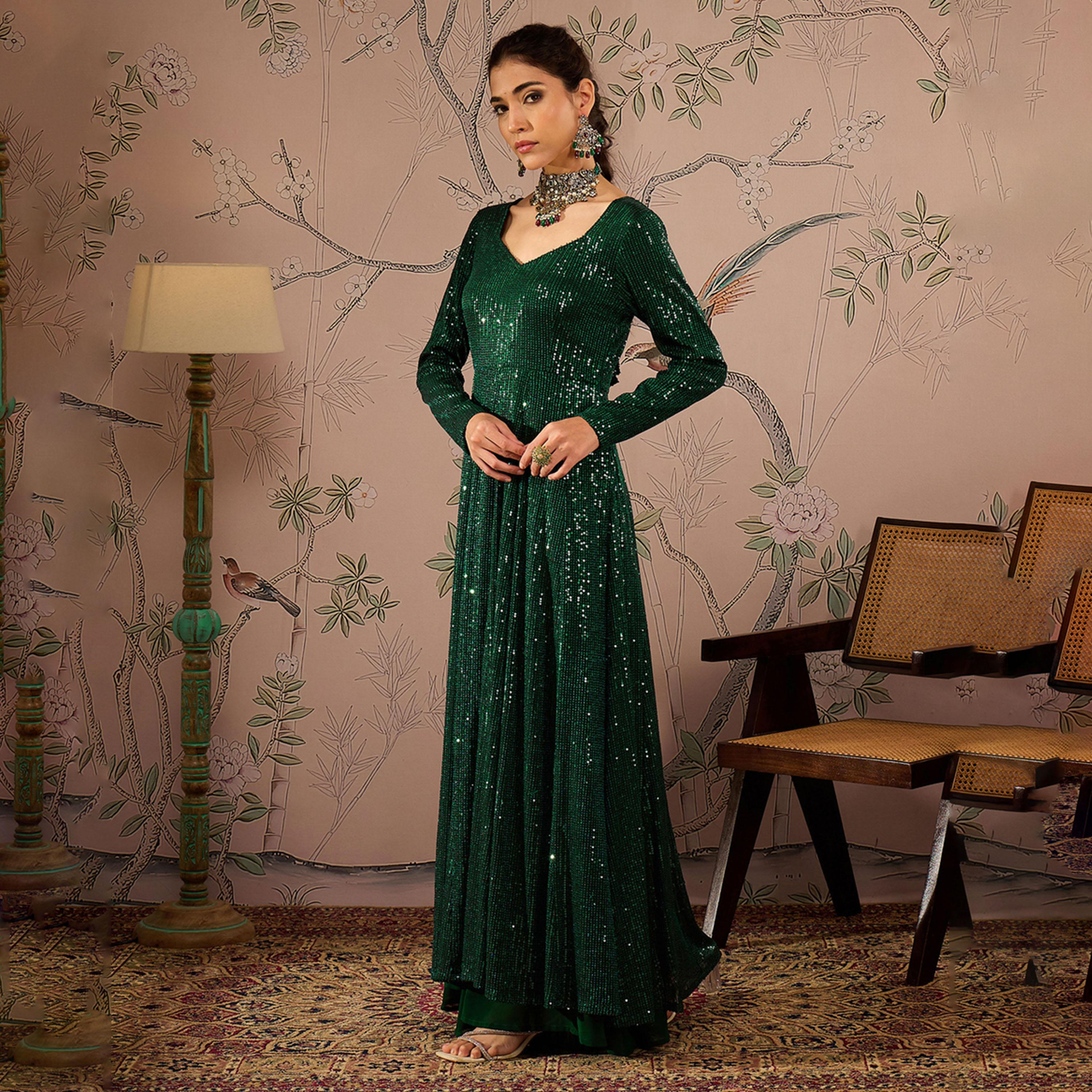 شيا باي ساسافراس × ستايلي - قميص كورتا أناركالي مزين بالترتر وفتحة رقبة على شكل قلب-women-clothing-ethnicwear-kurtas-image-3