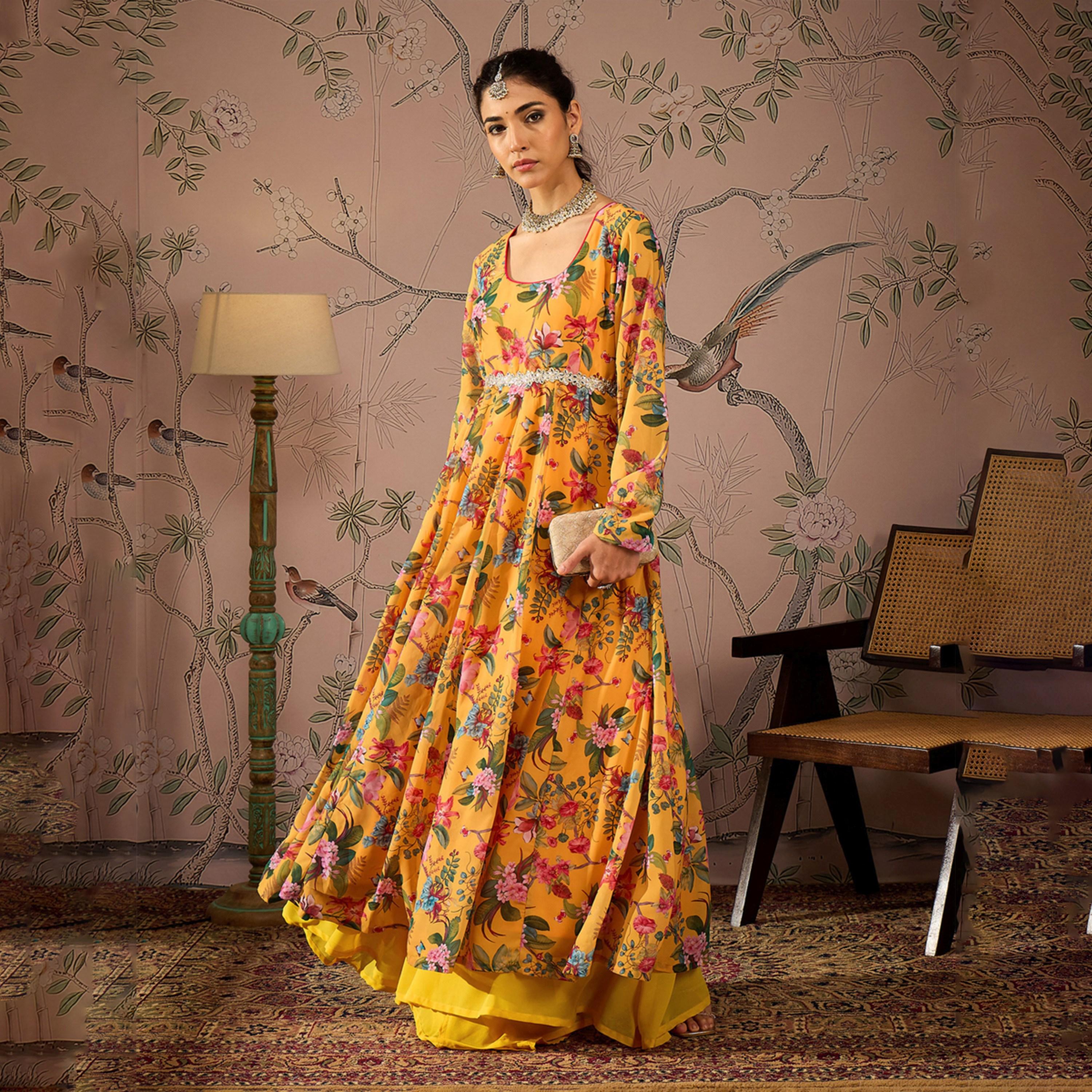 Shae by SASSAFRAS X Styli Yellow Floral Round Neck Anarkali Kurta-women-clothing-ethnicwear-kurtas-image-1