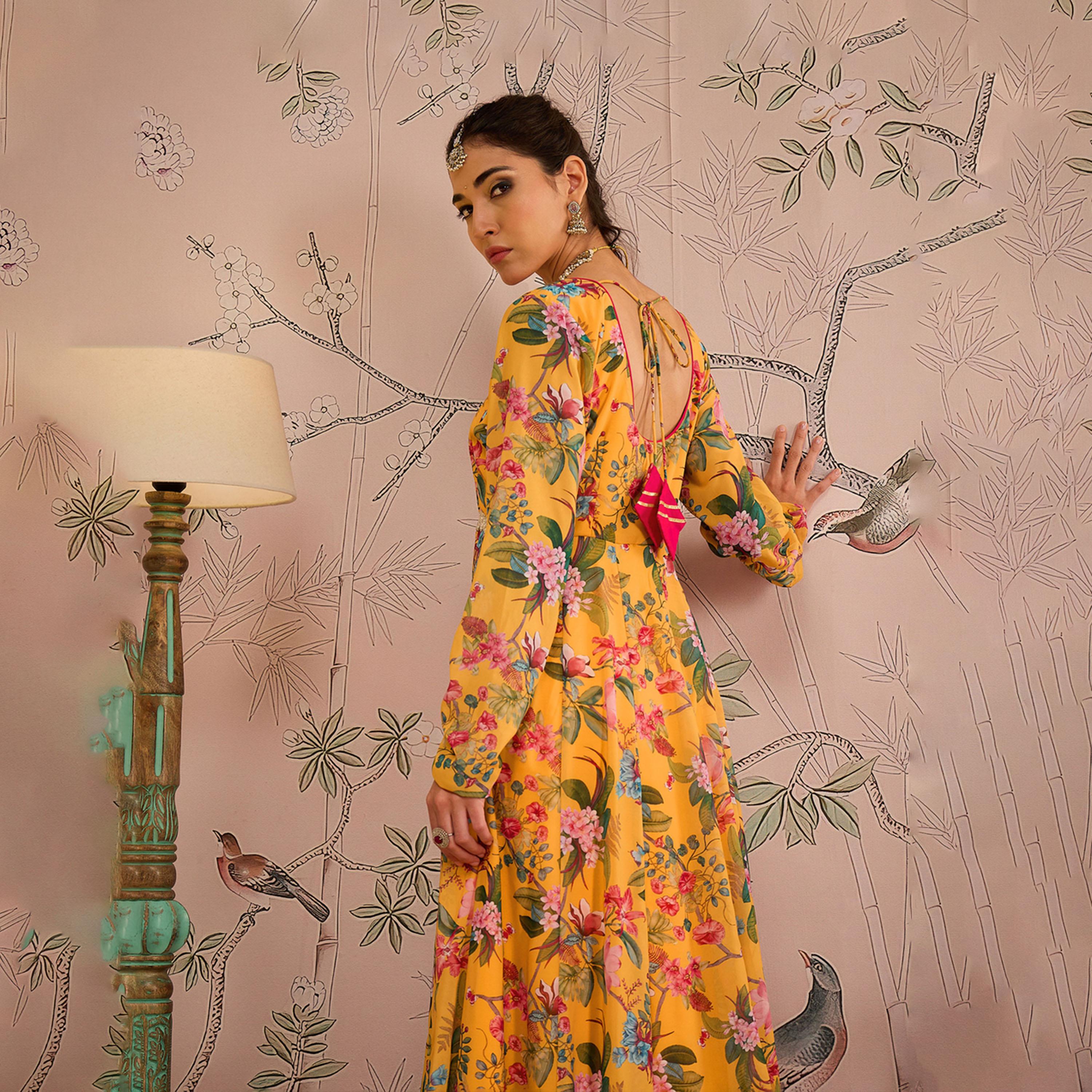 Shae by SASSAFRAS X Styli Yellow Floral Round Neck Anarkali Kurta-women-clothing-ethnicwear-kurtas-image-2
