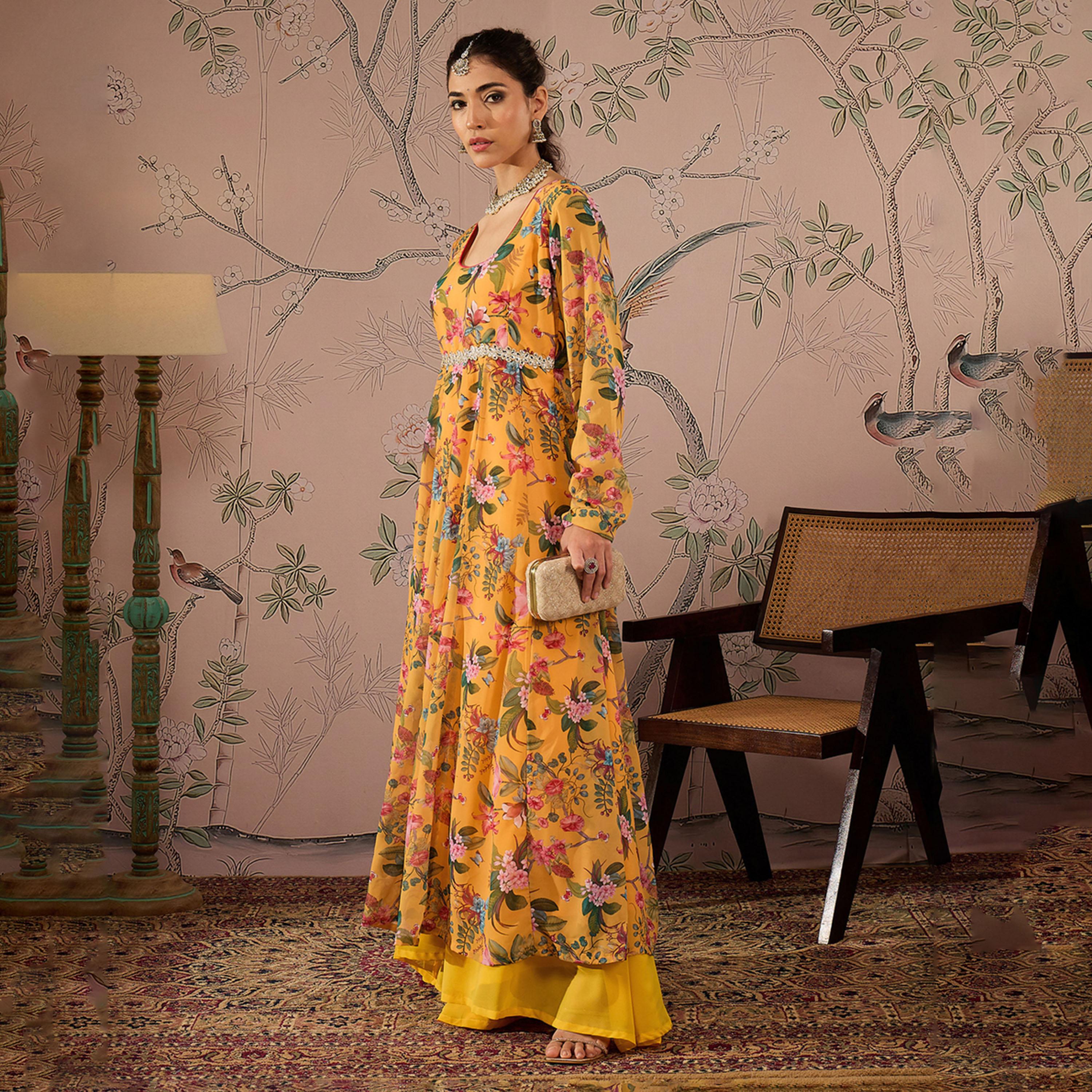 Shae by SASSAFRAS X Styli Yellow Floral Round Neck Anarkali Kurta-women-clothing-ethnicwear-kurtas-image-3