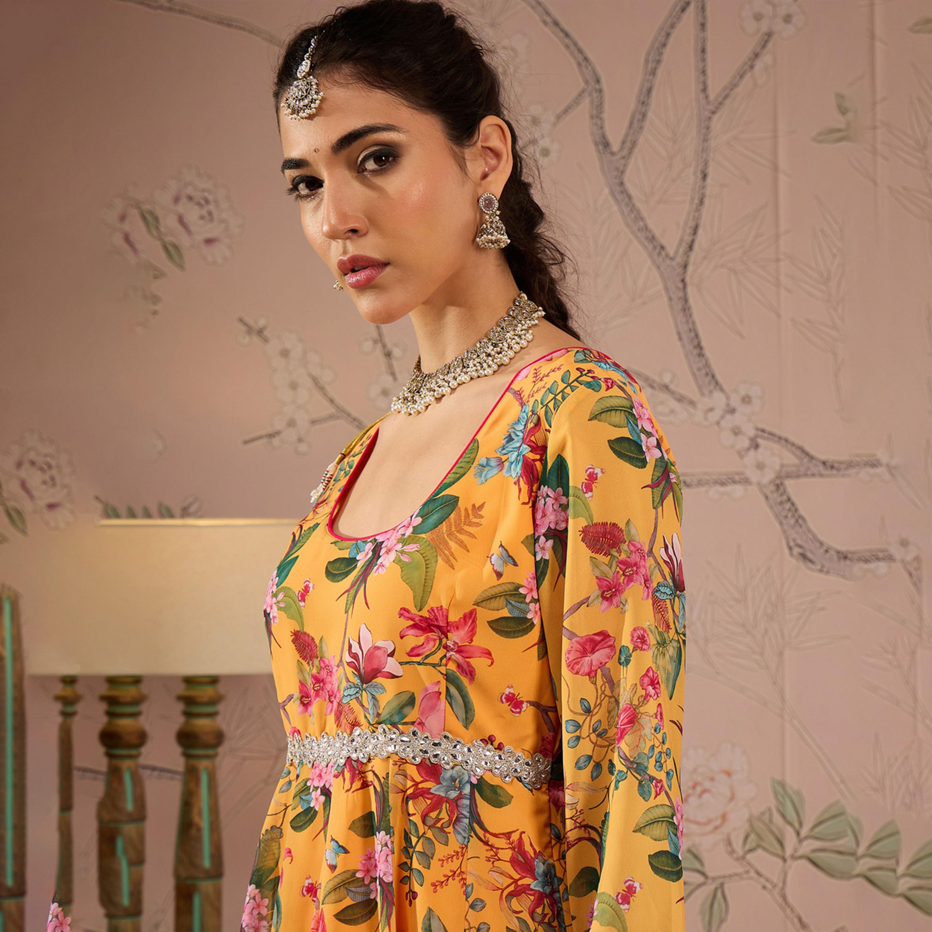 Shae by SASSAFRAS X Styli Yellow Floral Round Neck Anarkali Kurta-women-clothing-ethnicwear-kurtas-image-4