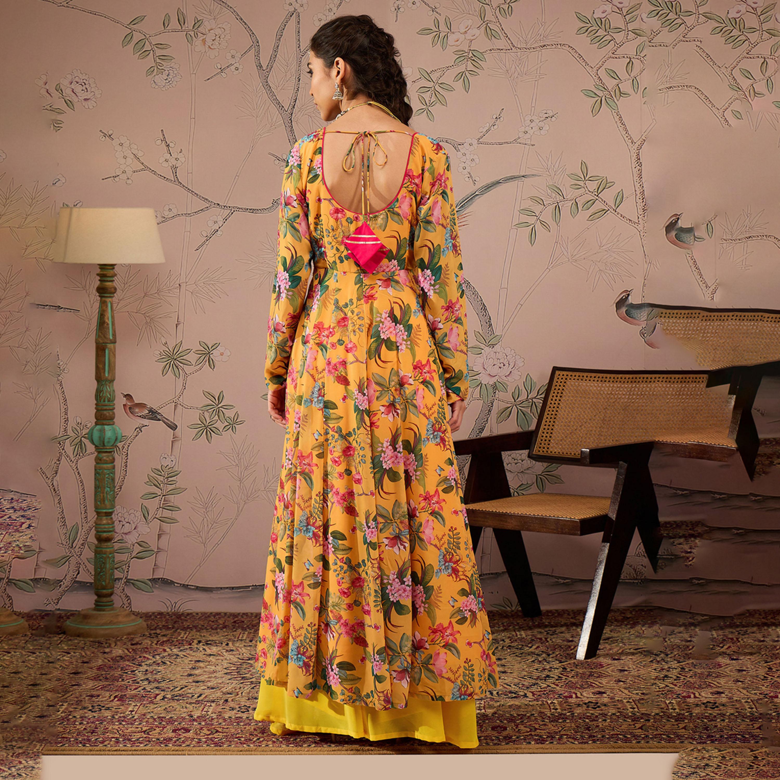 شيا باي ساسافراس × ستايلي - قميص أناركالي بطبعة زهور ورقبة مستديرة - أصفر-women-clothing-ethnicwear-kurtas-image-5