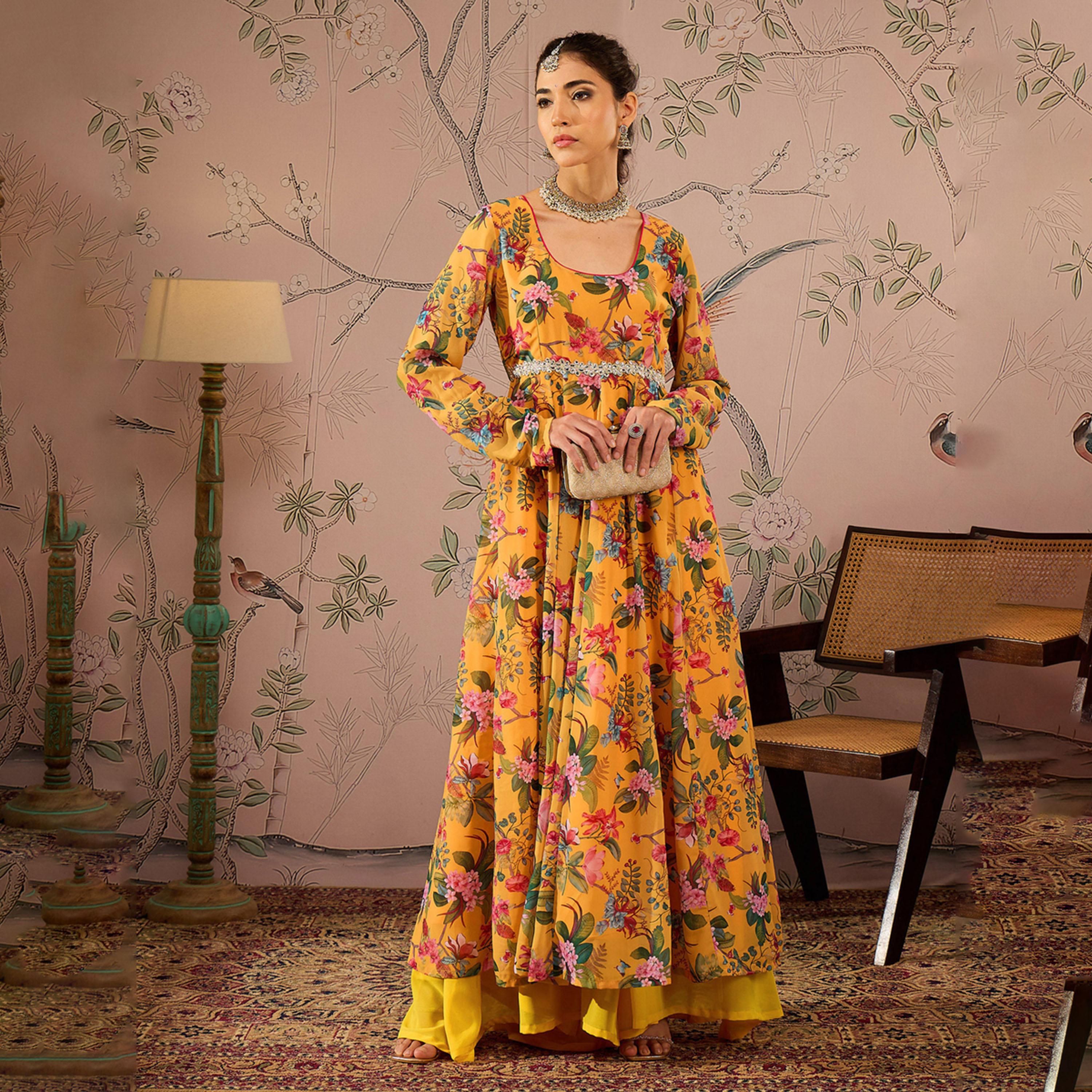 Shae by SASSAFRAS X Styli Yellow Floral Round Neck Anarkali Kurta-women-clothing-ethnicwear-kurtas-image-6