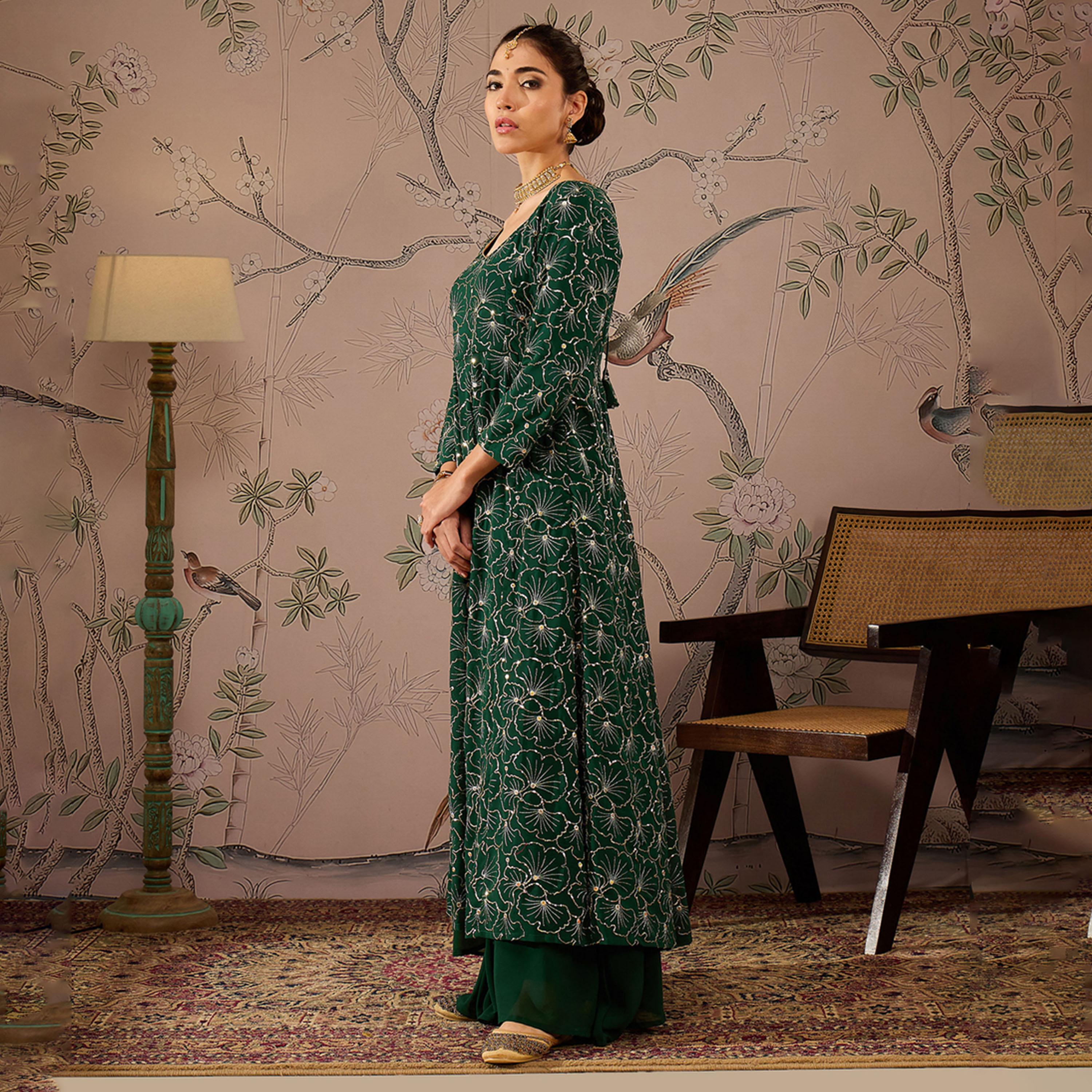 Shae by SASSAFRAS X Styli Embellished Sequins Sweetheart Neck Kurta-women-clothing-ethnicwear-kurtas-image-3