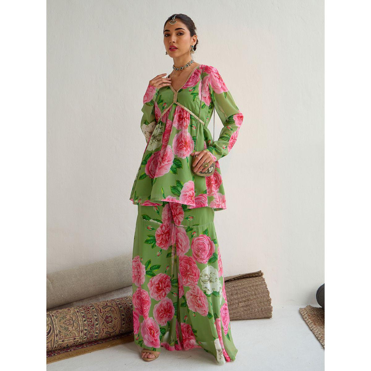 طقم منسق من بنطال شرارة وبلوزة بيبلوم بطبعة زهور-women-clothing-ethnicwear-salwarsuits-image-1