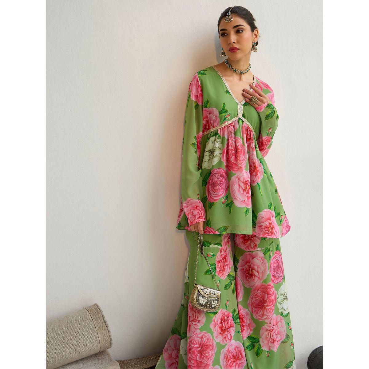 طقم منسق من بنطال شرارة وبلوزة بيبلوم بطبعة زهور-women-clothing-ethnicwear-salwarsuits-image-2