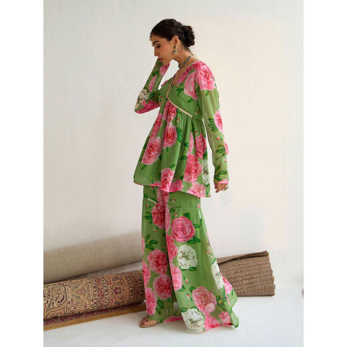 طقم منسق من بنطال شرارة وبلوزة بيبلوم بطبعة زهور-women-clothing-ethnicwear-salwarsuits-image-3