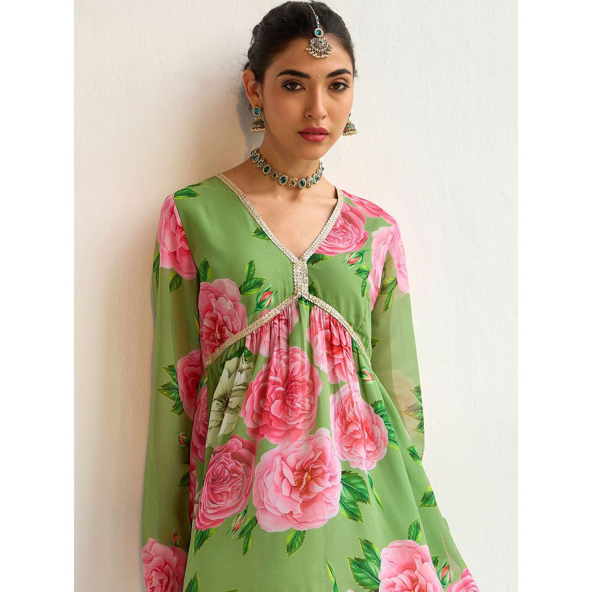 طقم منسق من بنطال شرارة وبلوزة بيبلوم بطبعة زهور-women-clothing-ethnicwear-salwarsuits-image-4
