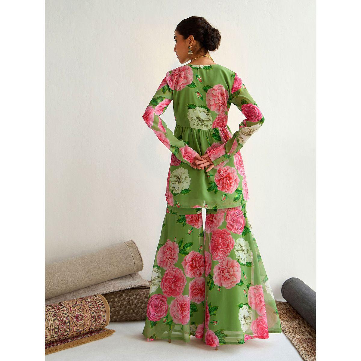 طقم منسق من بنطال شرارة وبلوزة بيبلوم بطبعة زهور-women-clothing-ethnicwear-salwarsuits-image-6