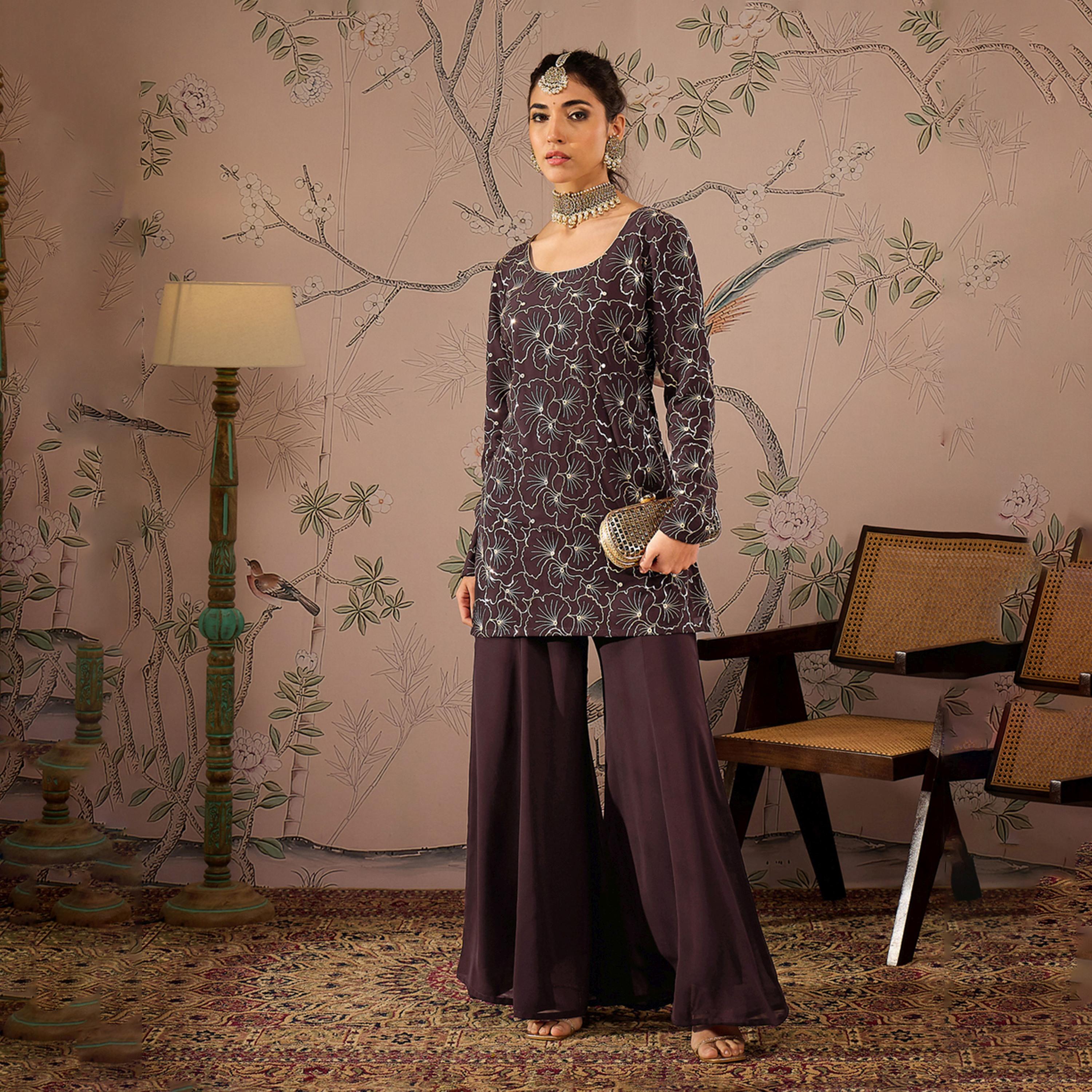 Shae by SASSAFRAS X Styli Embellished Sequins Kurta with Solid Palazzo Pants Set-women-clothing-ethnicwear-kurtasets-image-1