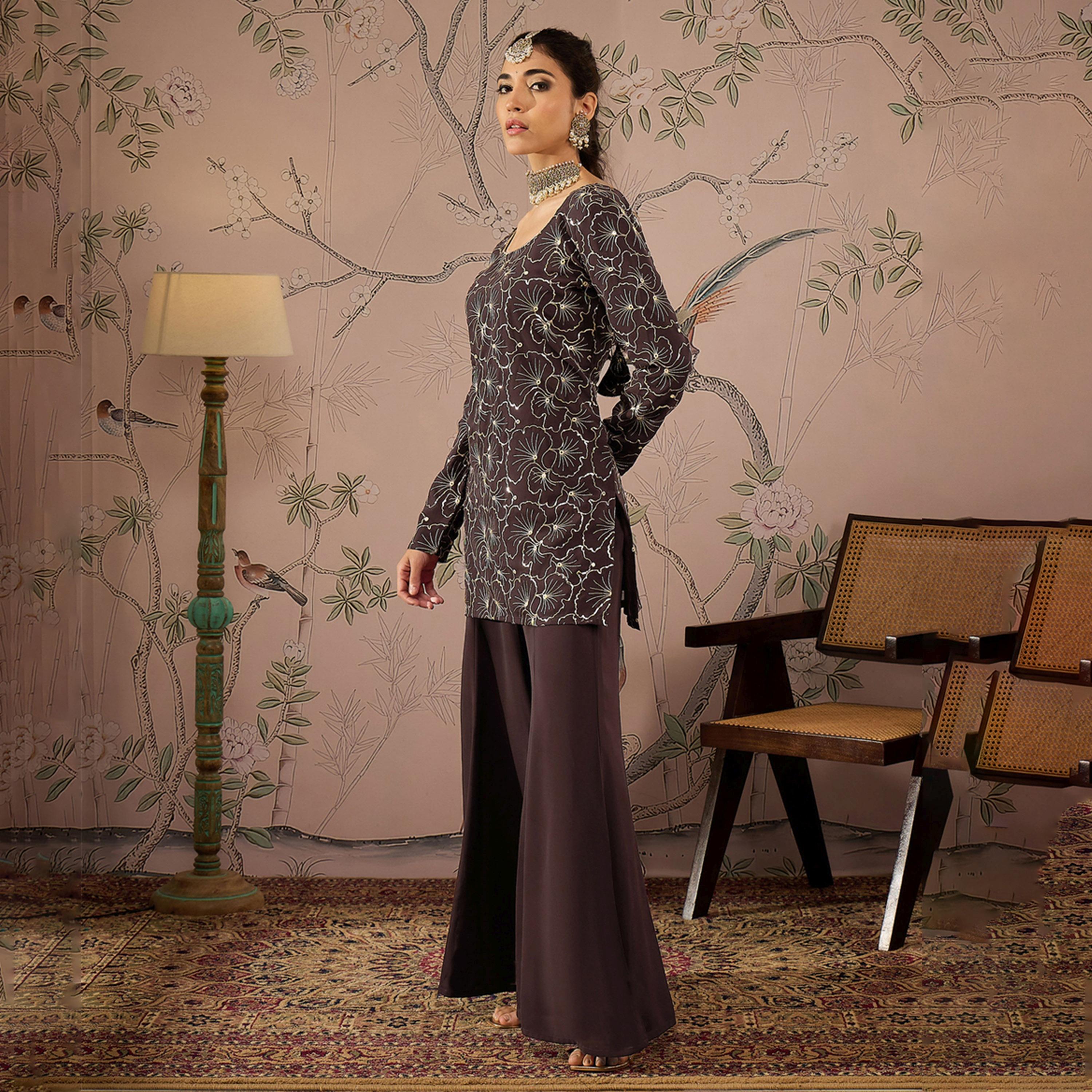 Shae by SASSAFRAS X Styli Embellished Sequins Kurta with Solid Palazzo Pants Set-women-clothing-ethnicwear-kurtasets-image-3
