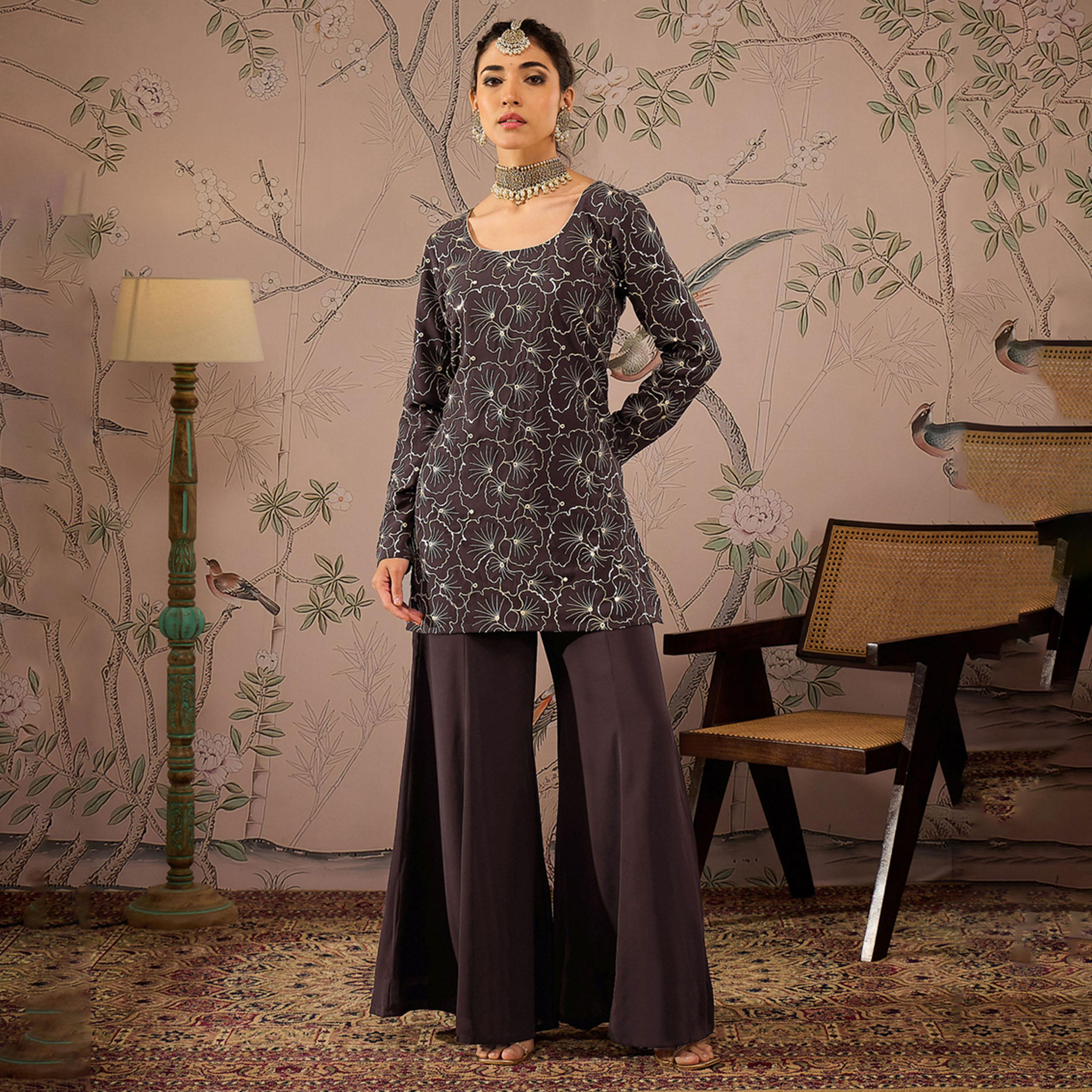 Shae by SASSAFRAS X Styli Embellished Sequins Kurta with Solid Palazzo Pants Set-women-clothing-ethnicwear-kurtasets-image-7
