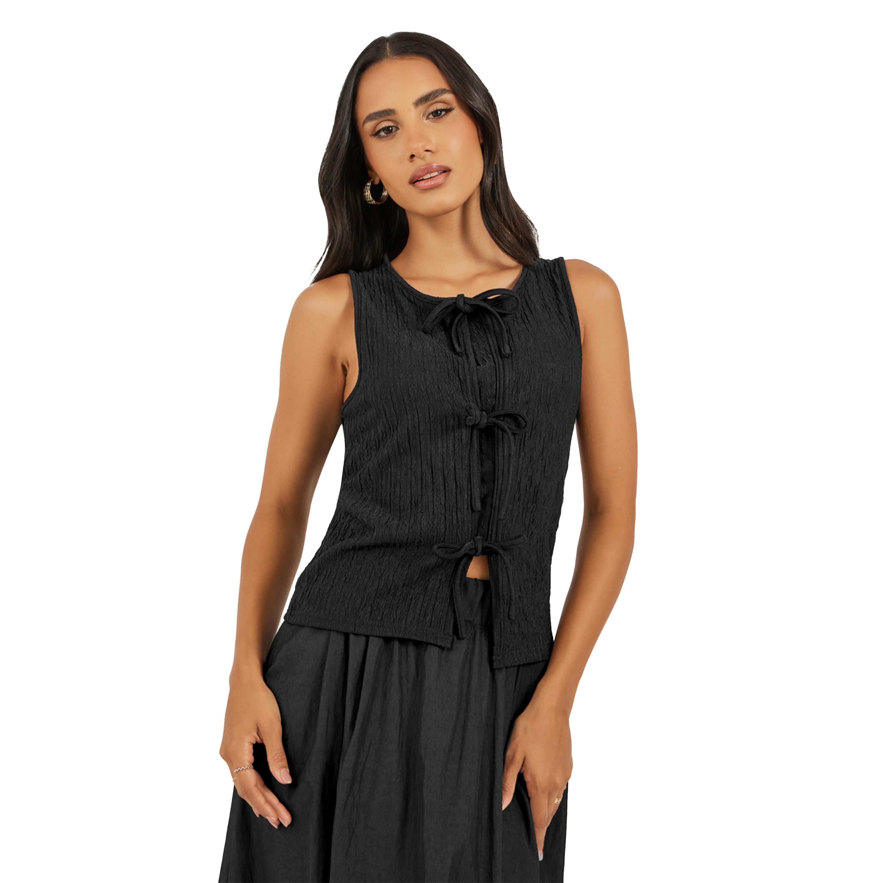 ستايلي -  بلوزة نسائية محبوكة بدون أكمام برباط أمامي أسود-women-clothing-tshirts-image-1