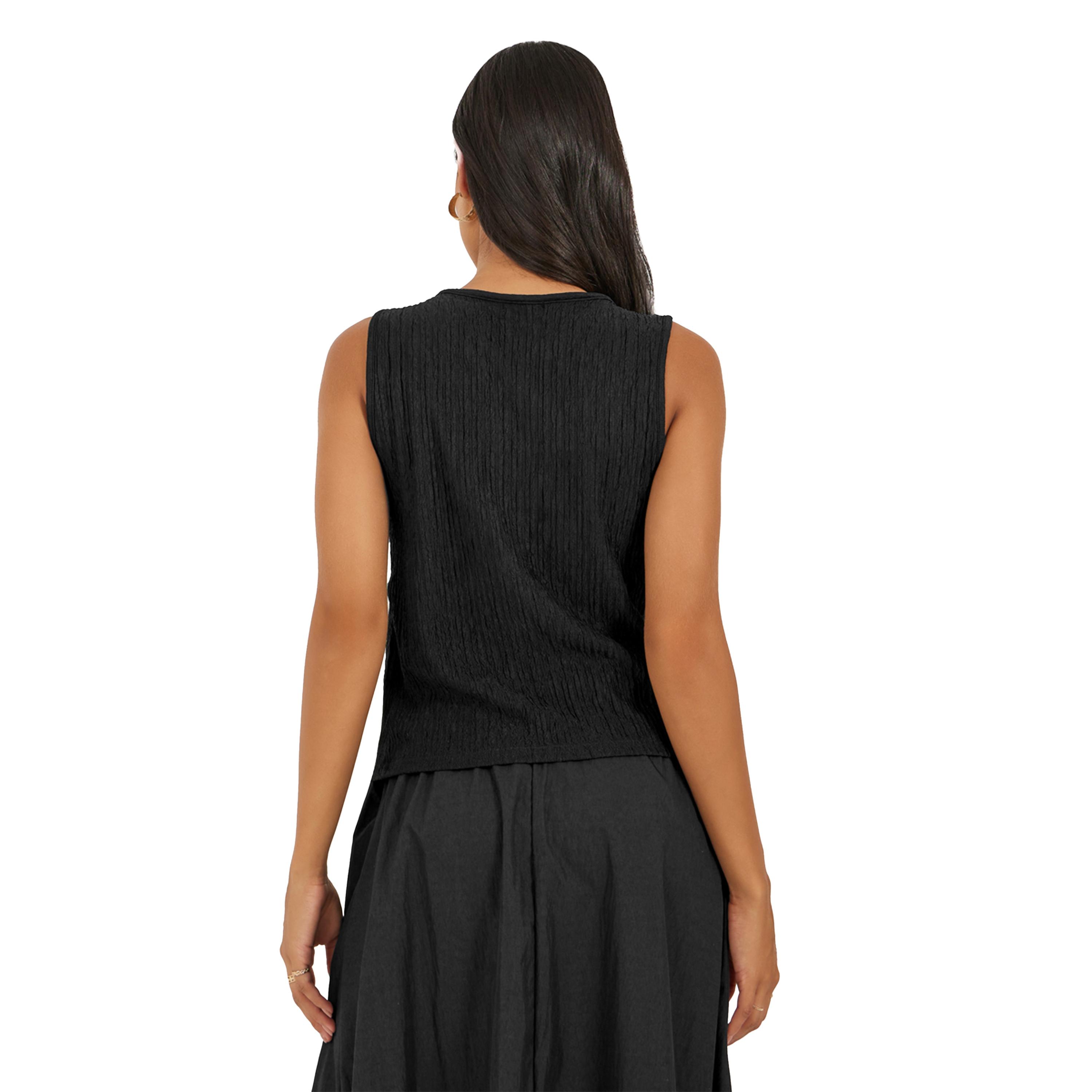 ستايلي -  بلوزة نسائية محبوكة بدون أكمام برباط أمامي أسود-women-clothing-tshirts-image-4