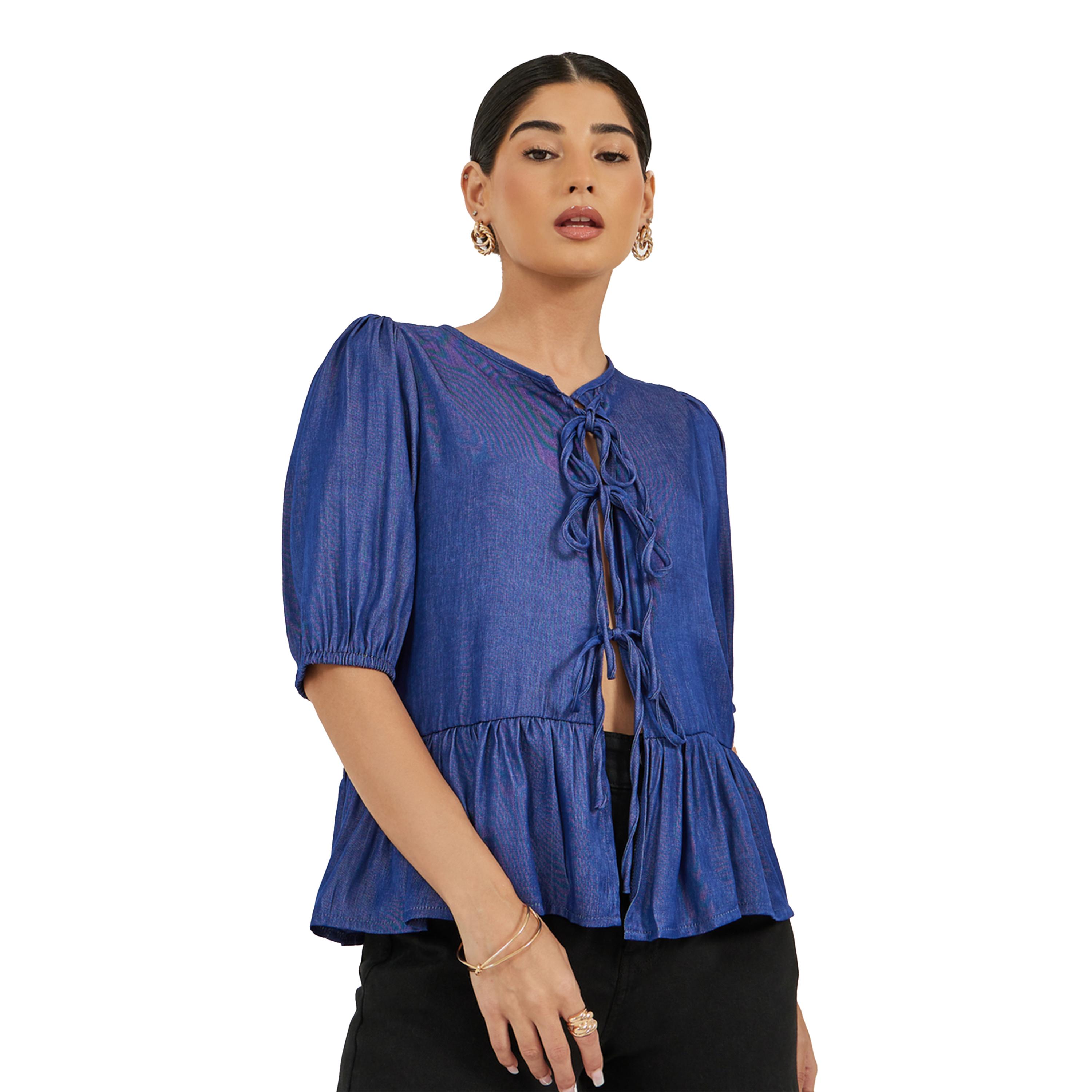 ستايلي - بلوزة بيبلوم بأكمام منتفخة وتفاصيل رباط-women-clothing-shirtsandblouses-blouses-image-2