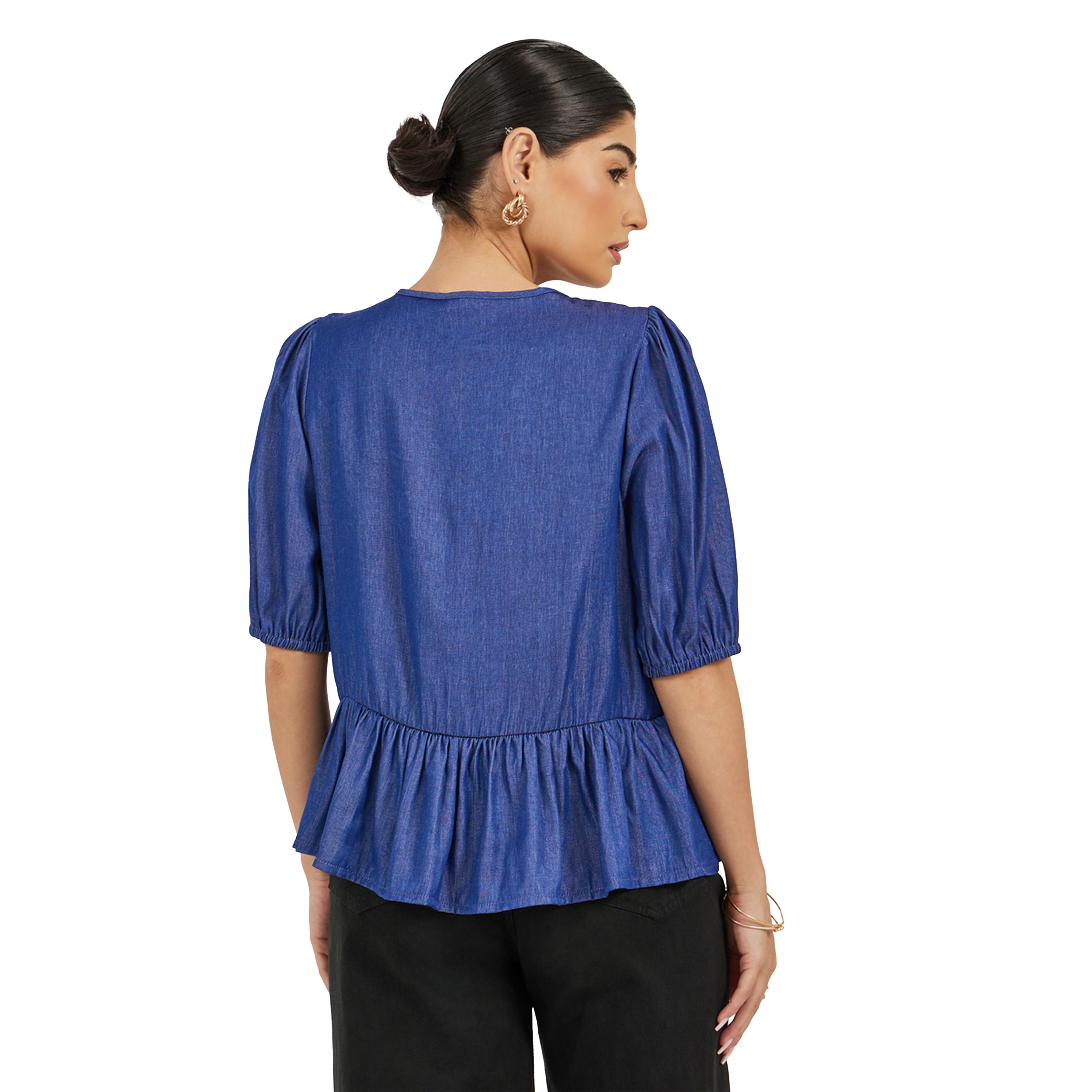 ستايلي - بلوزة بيبلوم بأكمام منتفخة وتفاصيل رباط-women-clothing-shirtsandblouses-blouses-image-4