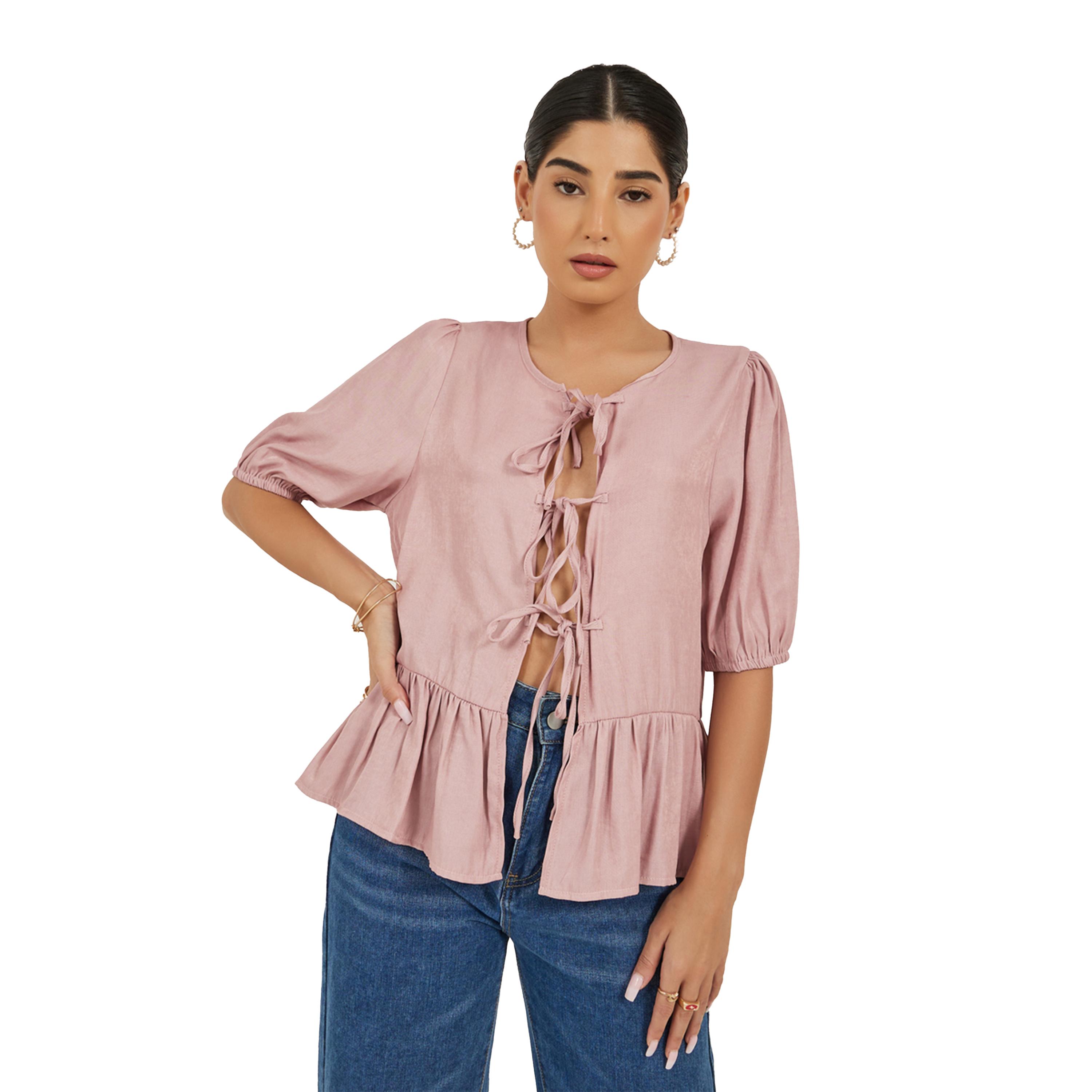 ستايلي - بلوزة بأكمام منفوخة وحافة مكشكشة وقصة بيبلوم مع تفاصيل ربطة عنق-women-clothing-shirtsandblouses-blouses-image-2