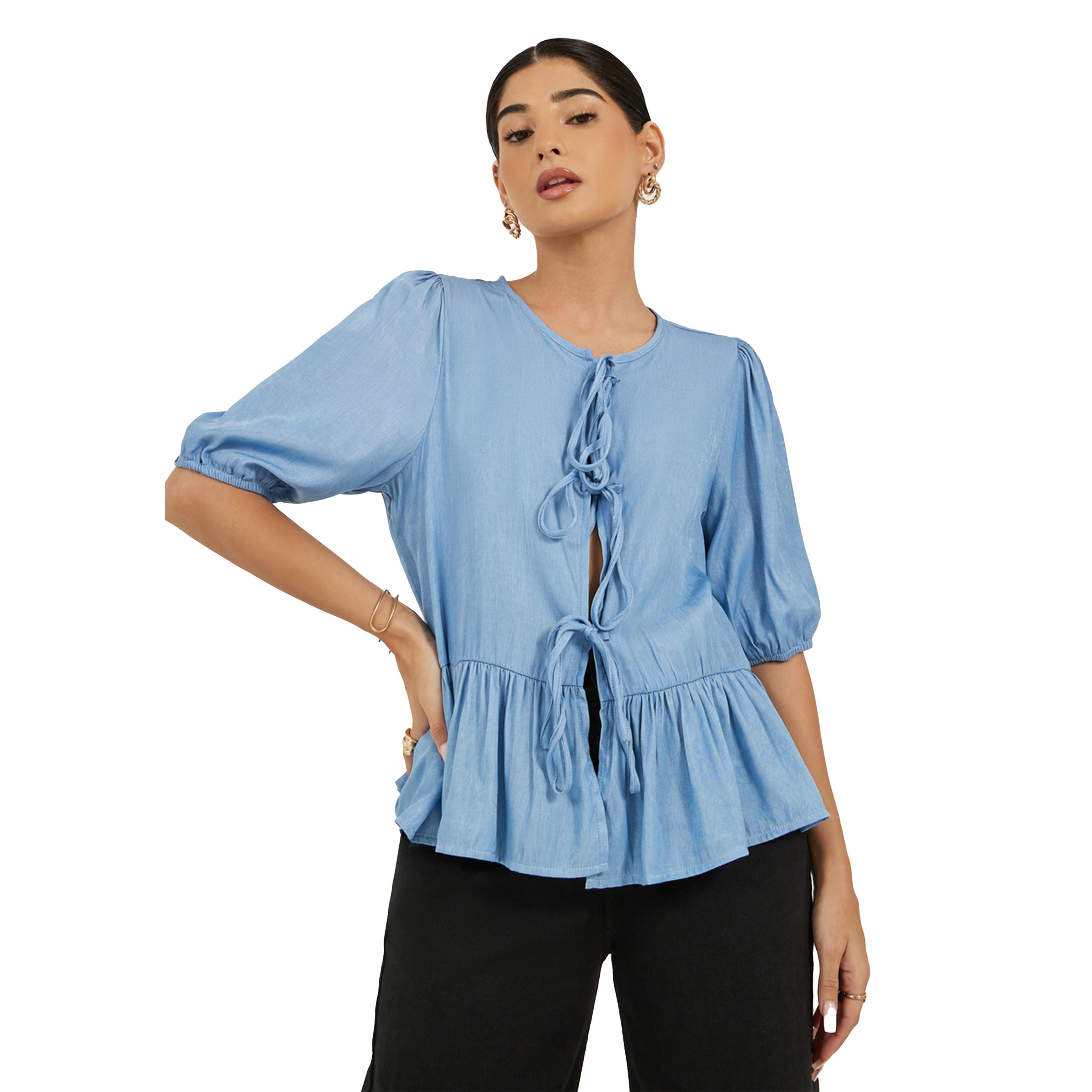 ستايلي - بلوزة بأكمام منفوخة وحافة مكشكشة وقصة بيبلوم مع تفاصيل ربطة عنق-women-clothing-shirtsandblouses-blouses-image-1