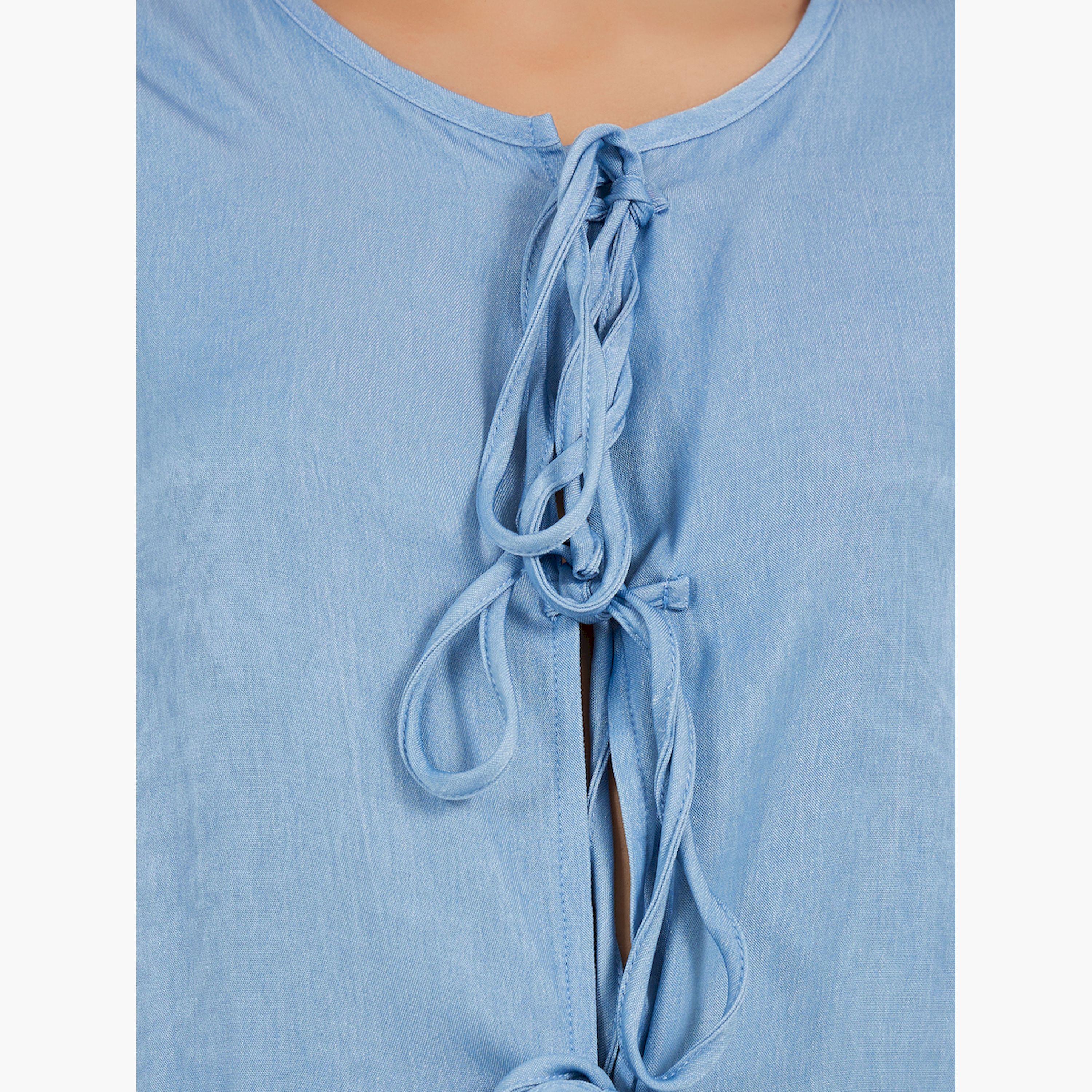 ستايلي - بلوزة بأكمام منفوخة وحافة مكشكشة وقصة بيبلوم مع تفاصيل ربطة عنق-women-clothing-shirtsandblouses-blouses-image-3