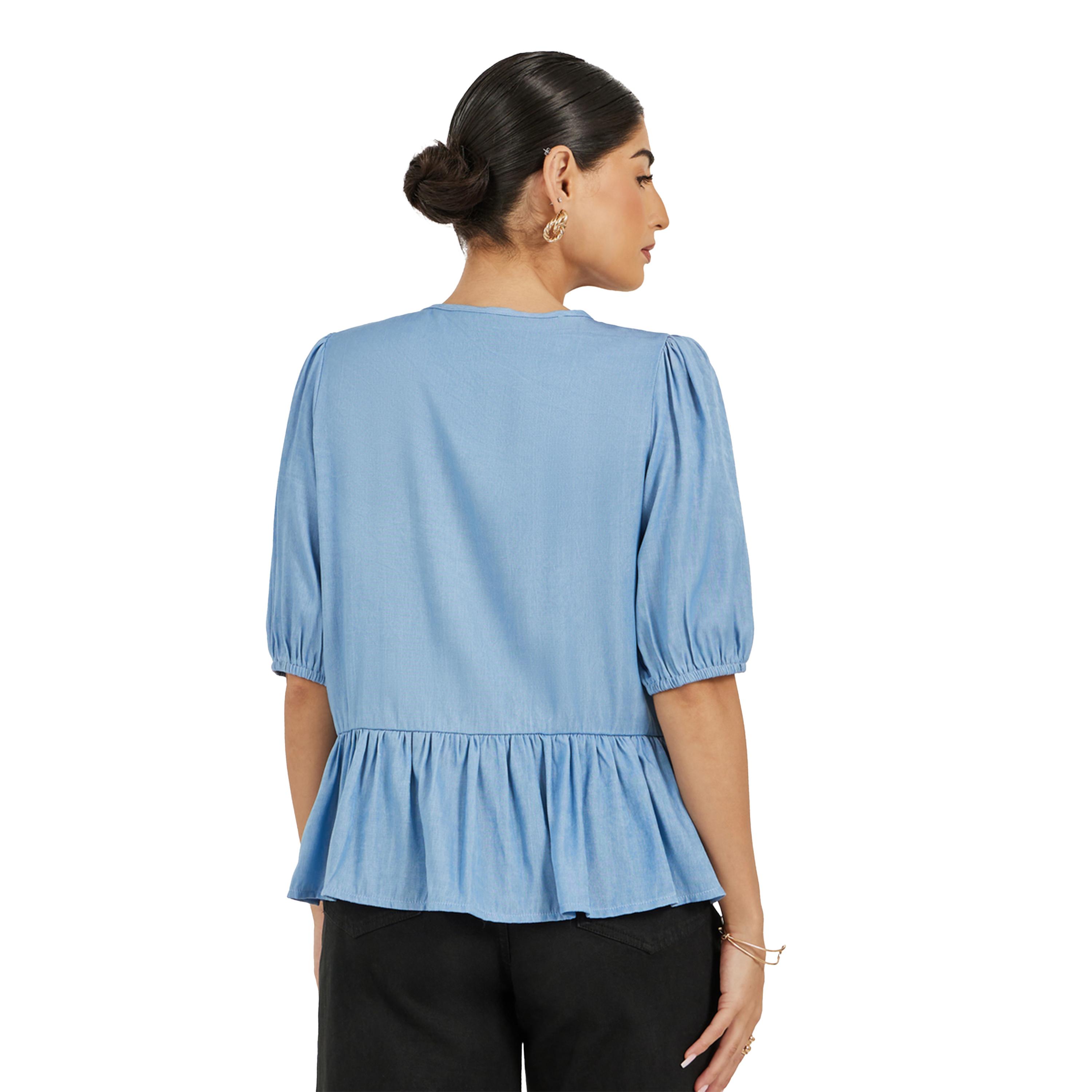 ستايلي - بلوزة بأكمام منفوخة وحافة مكشكشة وقصة بيبلوم مع تفاصيل ربطة عنق-women-clothing-shirtsandblouses-blouses-image-4