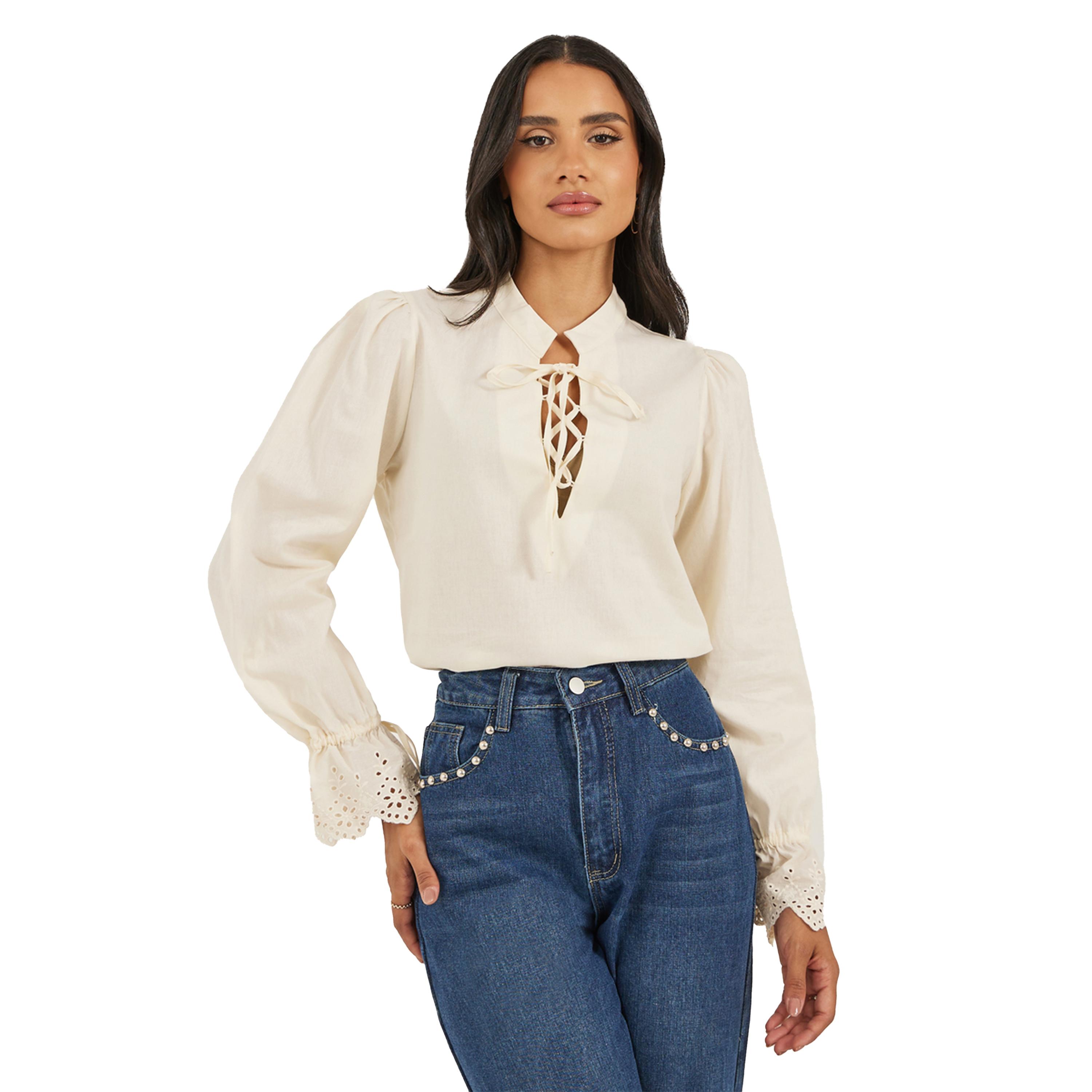 ستايلي -  بلوزة نسائية ، بأكمام واسعة، كريمية اللون، برباط-women-clothing-shirtsandblouses-blouses-image-1