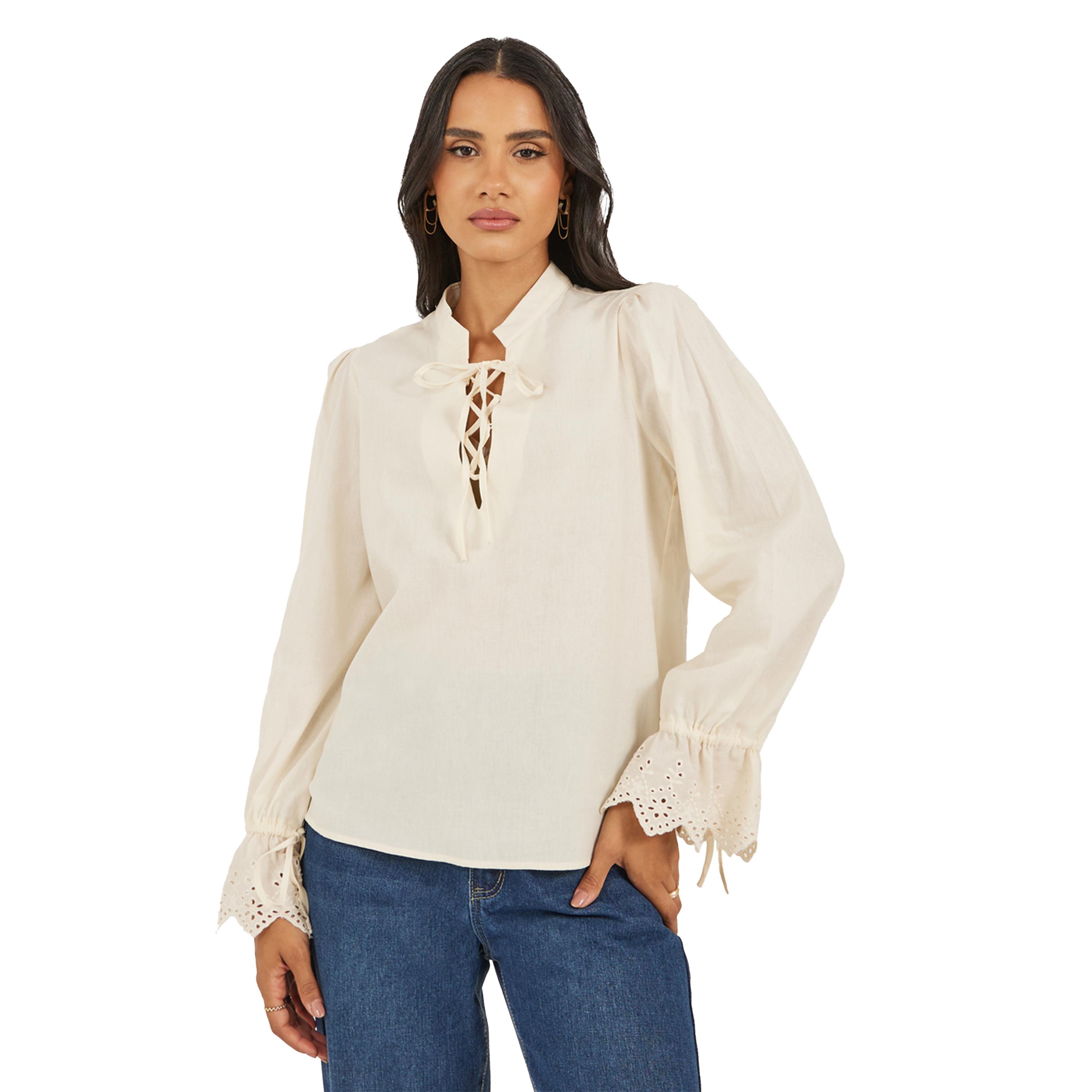 Styli Women Cream Solid Volume Sleeves Lace-Up Top-women-clothing-shirtsandblouses-blouses-image-2