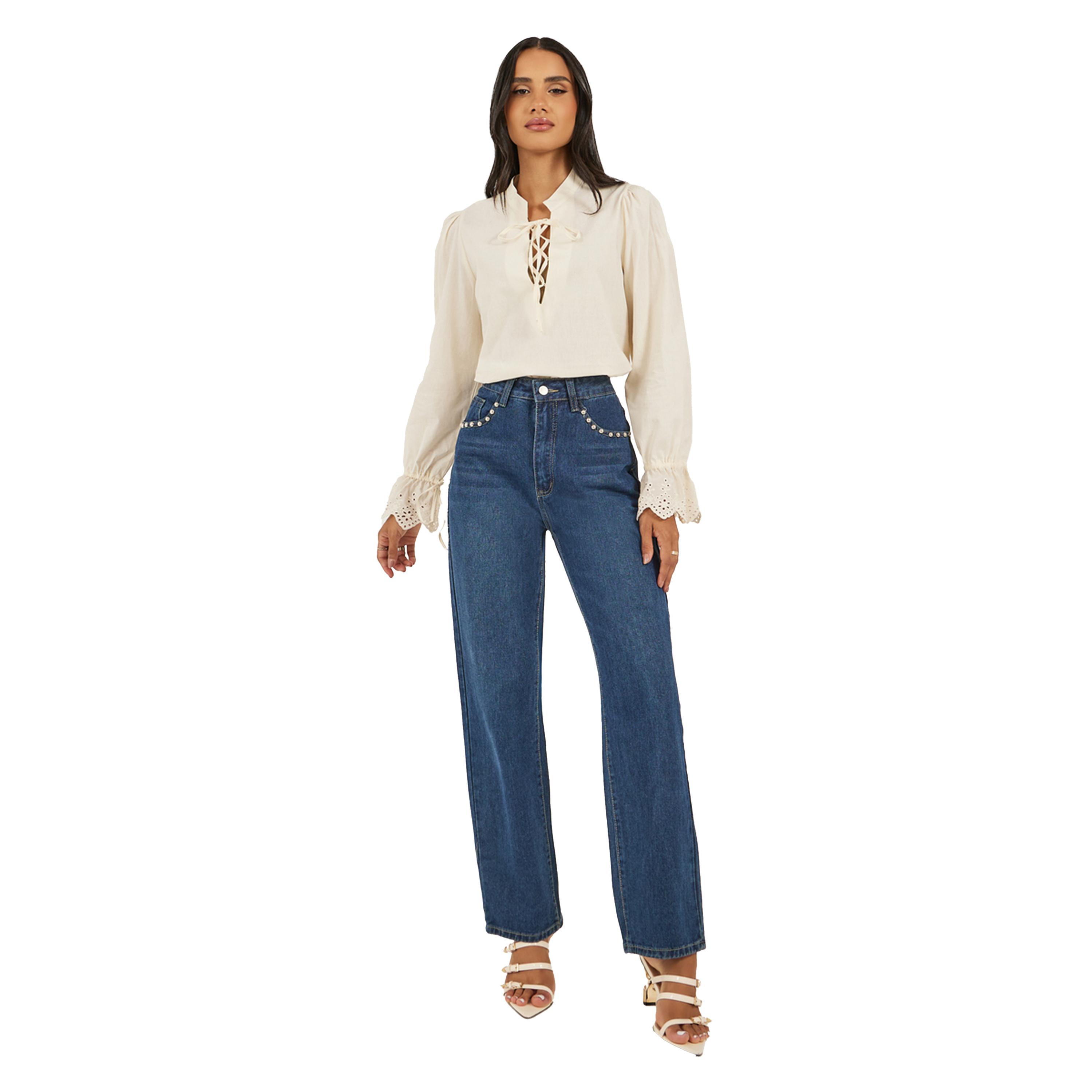 Styli Women Cream Solid Volume Sleeves Lace-Up Top-women-clothing-shirtsandblouses-blouses-image-3