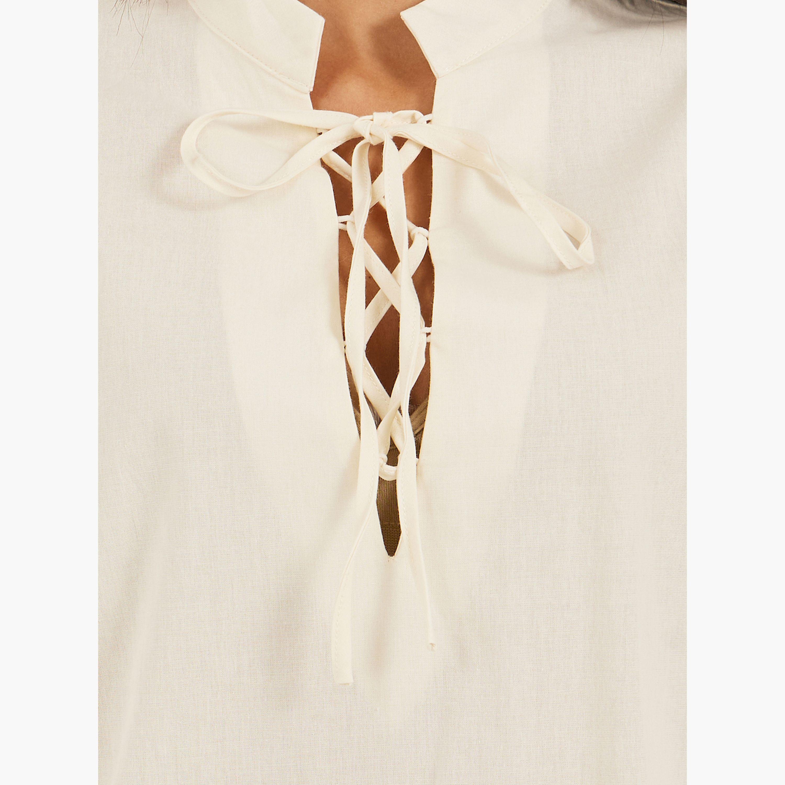 Styli Women Cream Solid Volume Sleeves Lace-Up Top-women-clothing-shirtsandblouses-blouses-image-4