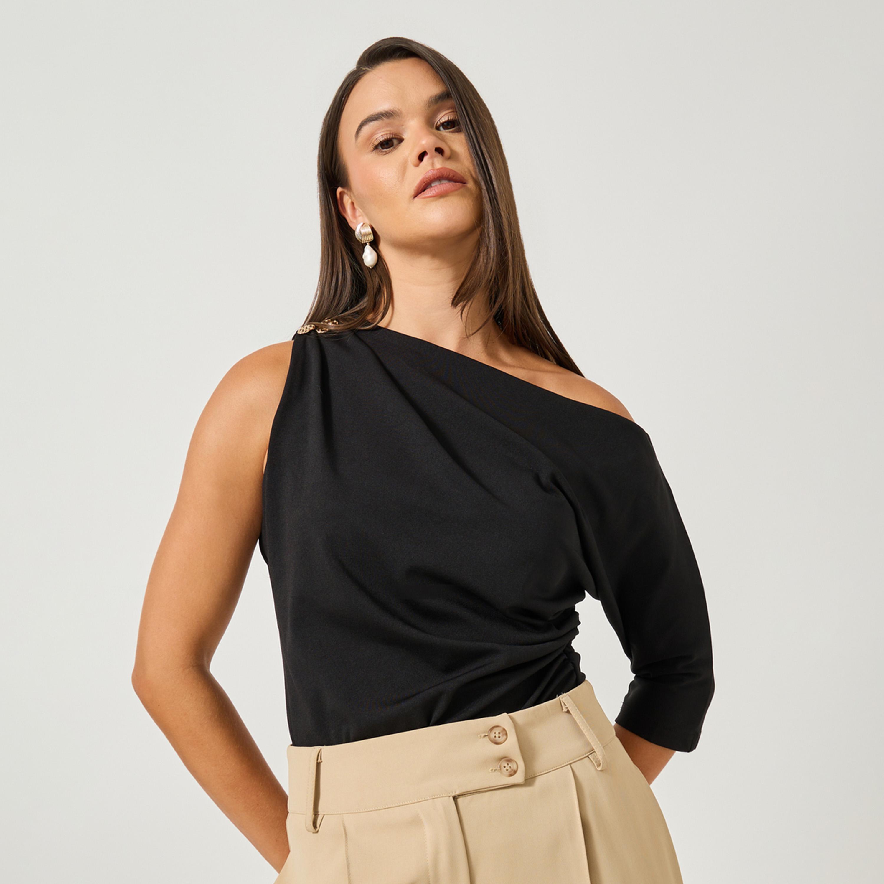 Styli Ruched Asymmetric Neckline Fitted Top with Metal Trim-women-clothing-shirtsandblouses-blouses-image-1
