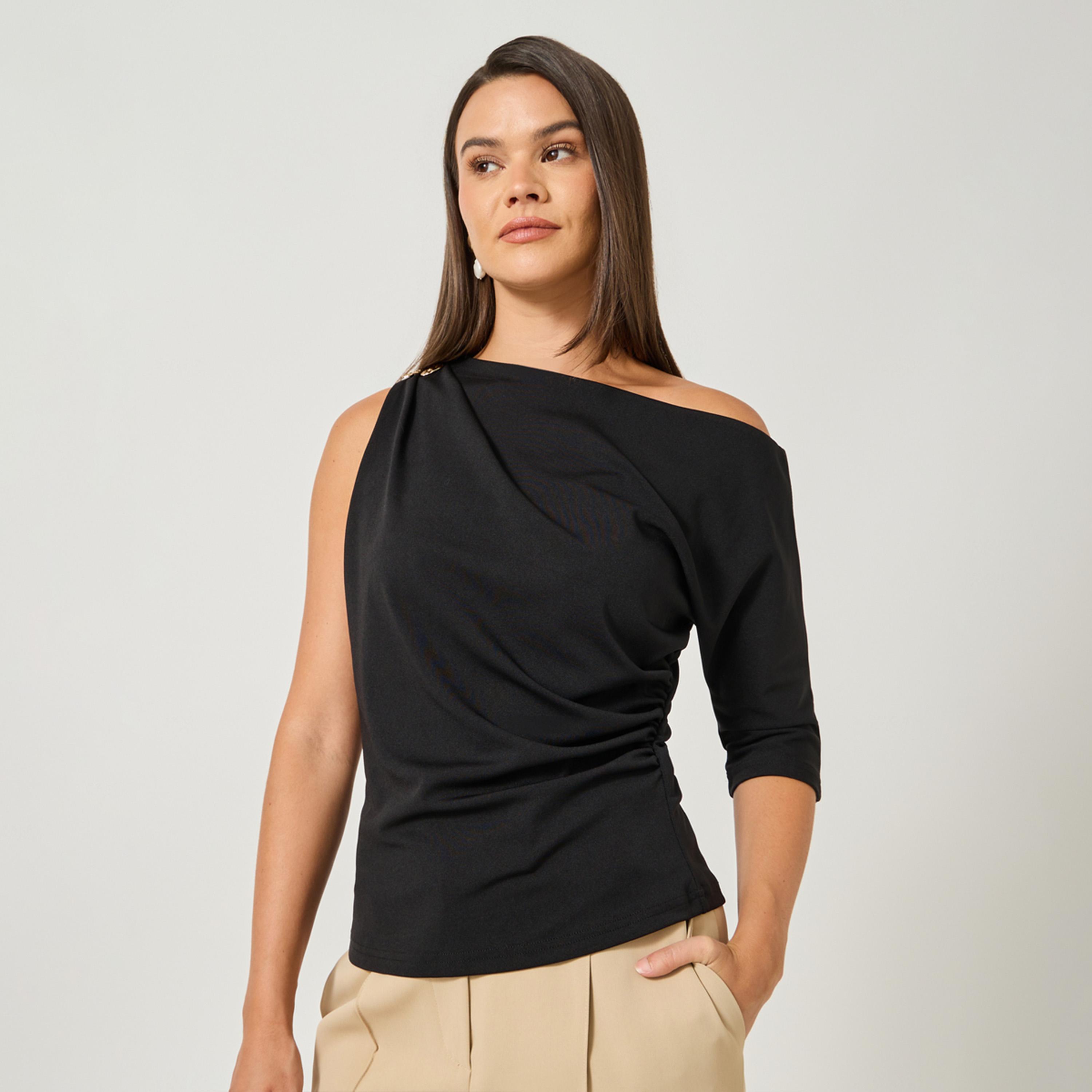 Styli Ruched Asymmetric Neckline Fitted Top with Metal Trim-women-clothing-shirtsandblouses-blouses-image-3