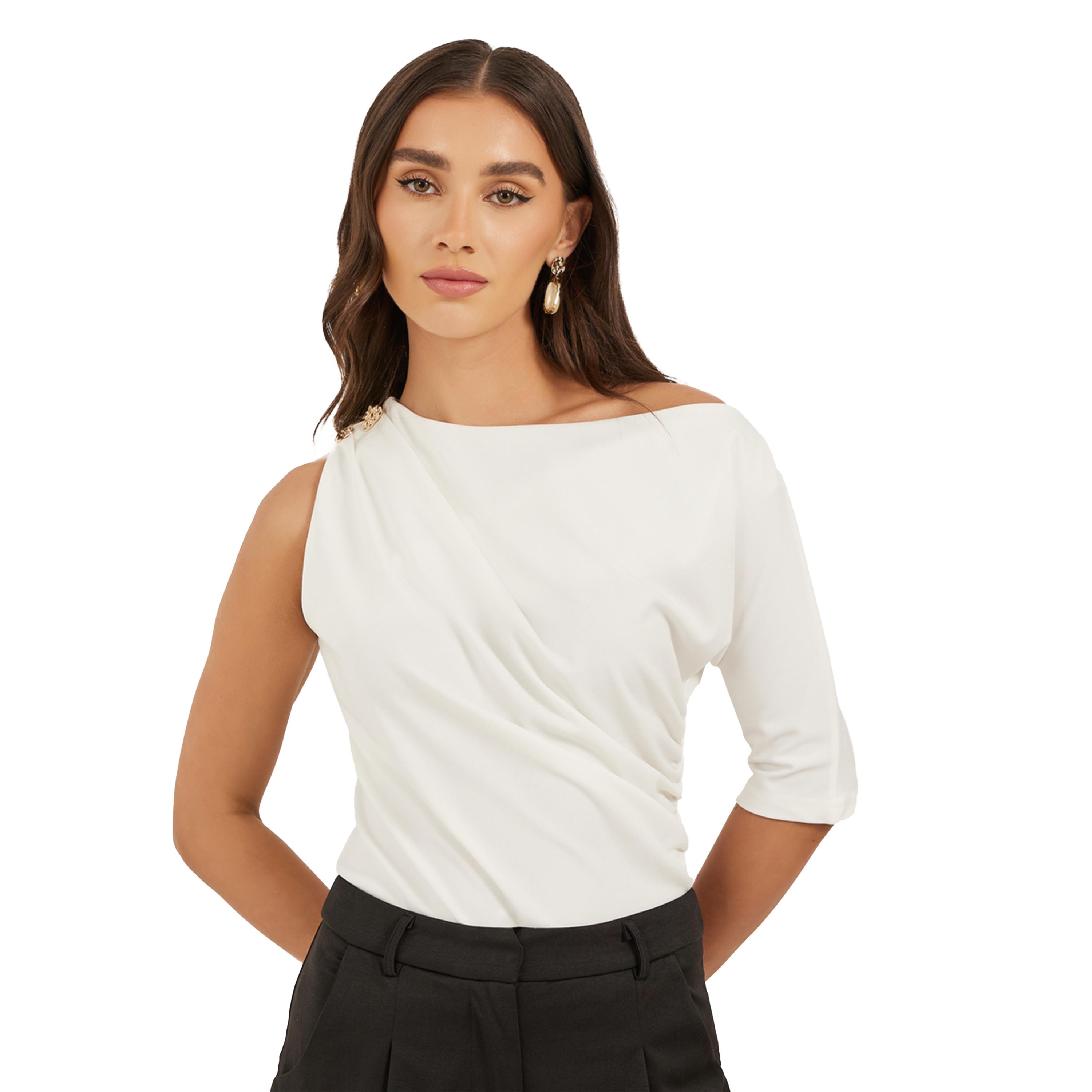 Styli Ruched Asymmetric Neckline Fitted Top-women-clothing-shirtsandblouses-blouses-image-1